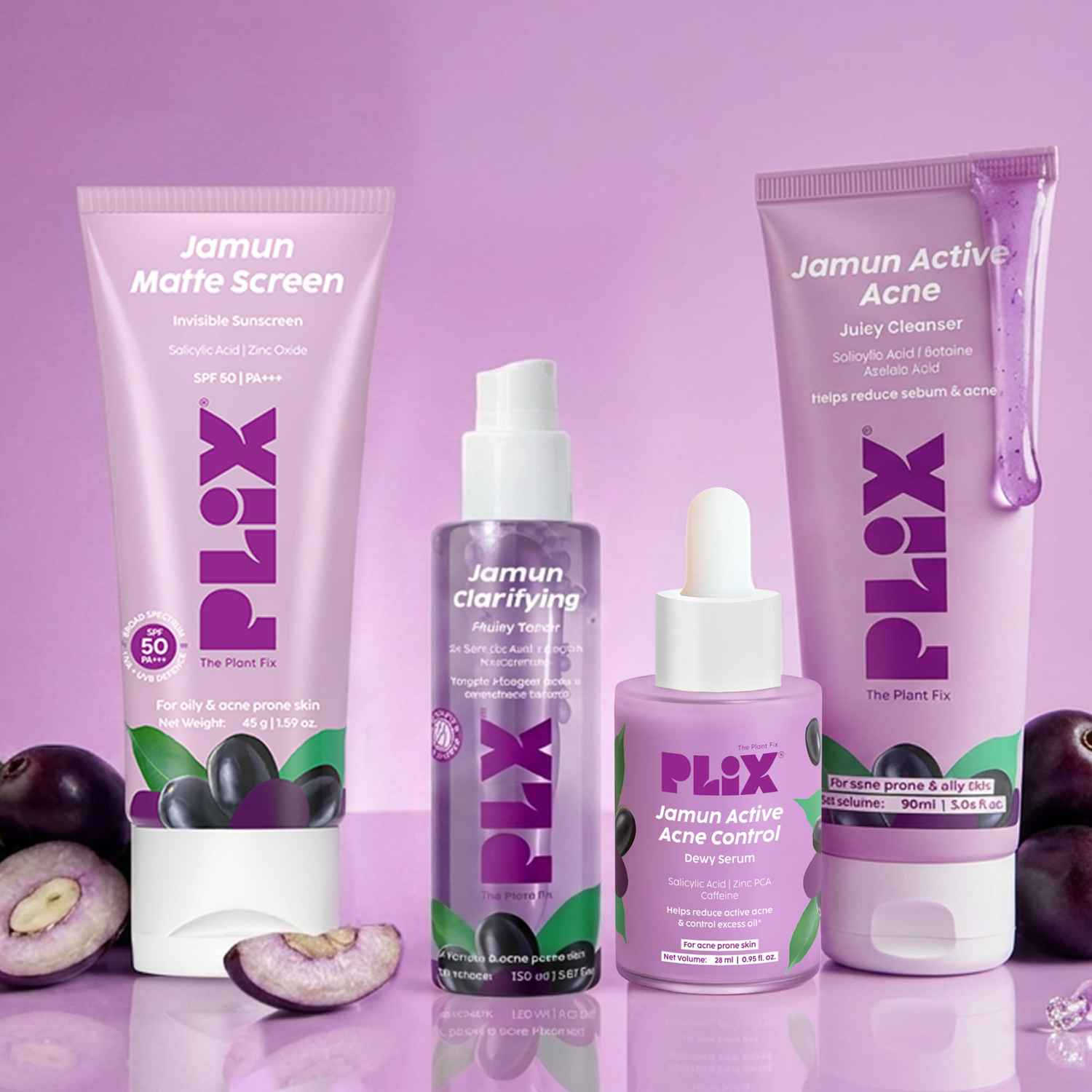Buy Plix Jamun Active Acne Combo | Juicy Cleanser + Fruity Toner + Salicylic Acid Serum + Smoothie Moisturizer + Oil Balancing Sunscreen | Helps Reduce Active Acne, Controls Excess Oil & Soothes Skin | For Oily & Acne-Prone Skin (4 pc) - Purplle