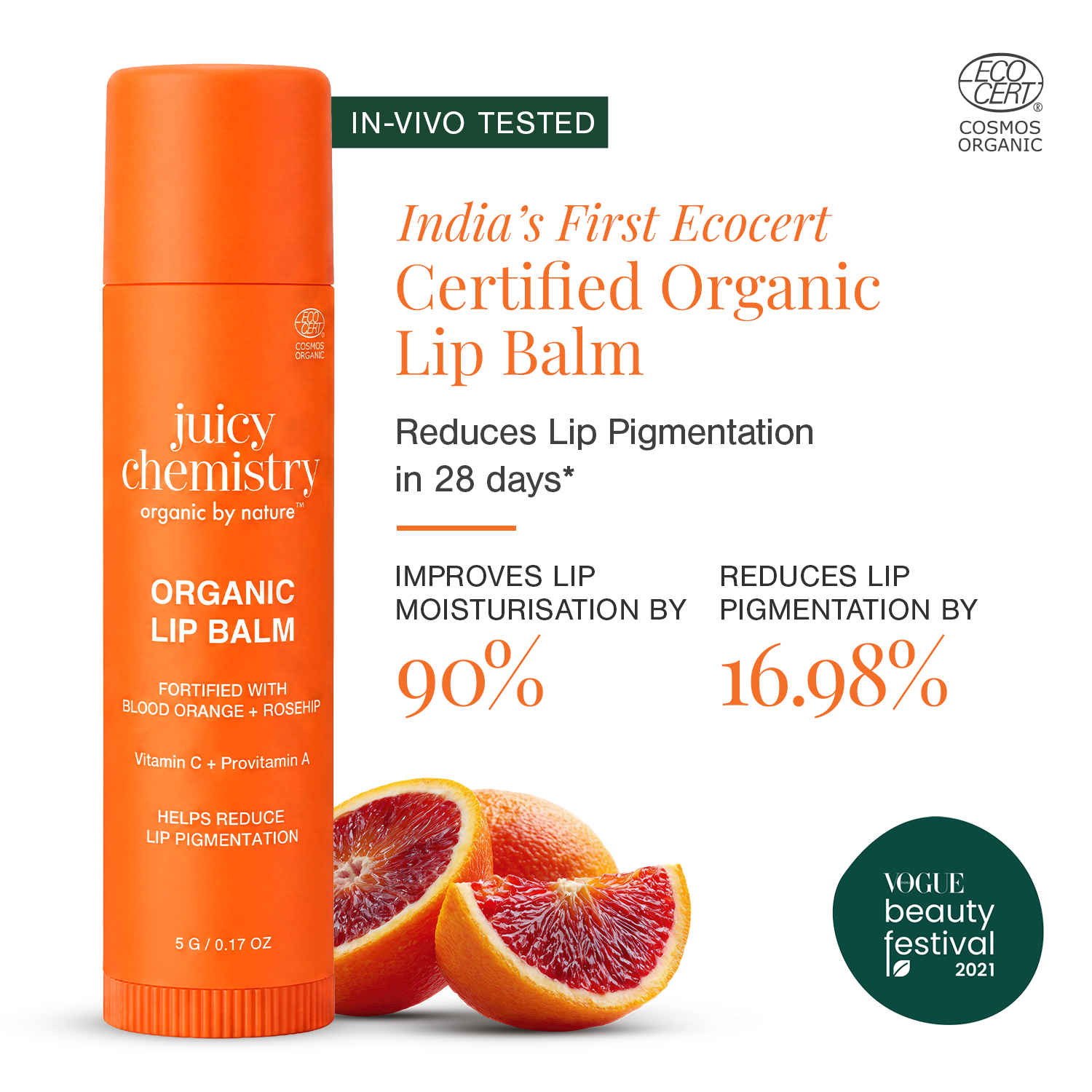 Buy Juicy Chemistry Organic Lip Balm with Blood Orange & Rosehip, 5 gm | Deeply Moisturising & Brightening Lip Care | Reduces Lip Pigmentation | Dermatologically Tested | 100% Natural | Certified Organic & Cruelty-Free - Purplle