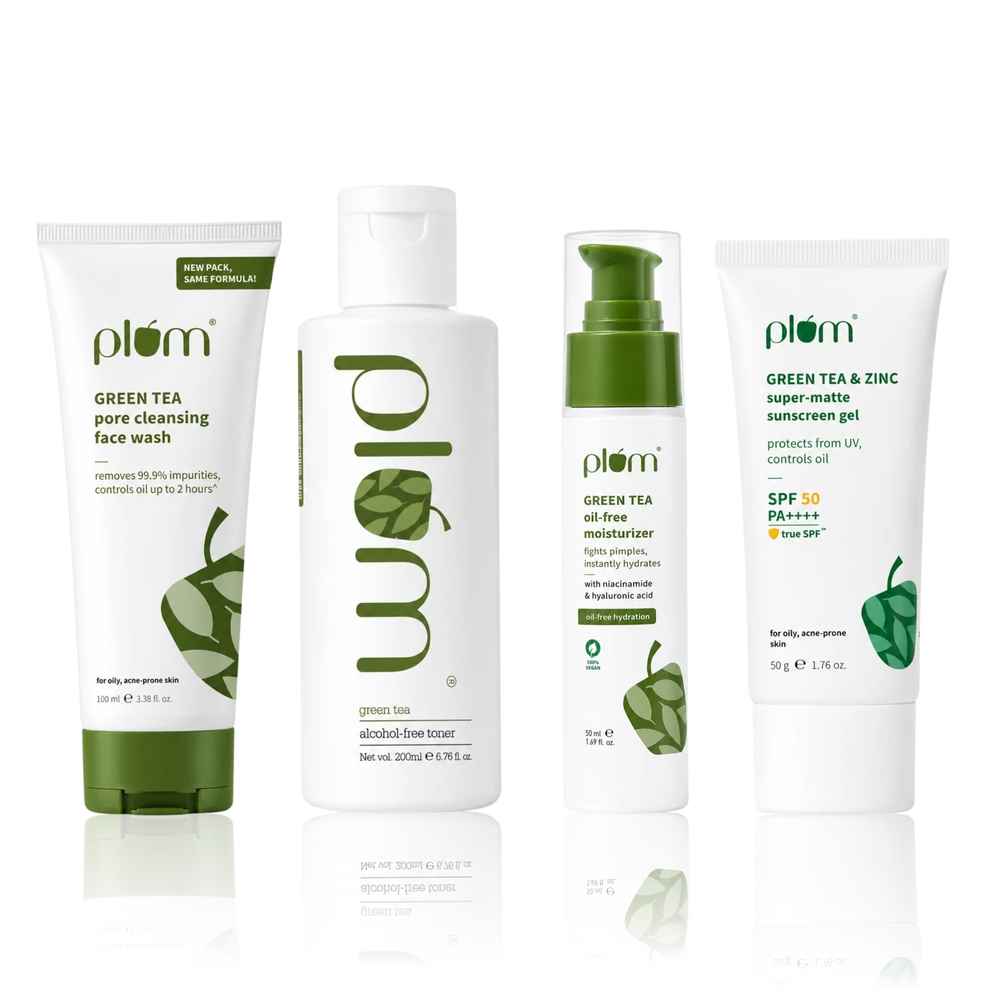 Buy Plum Green Tea Cleanse & Repair Duo | Face Wash + Repairing Moisturizer | Fights Acne & Repairs Skin Barrier | Oil-Free Hydration | Clear Skin Combo of 5 - Purplle