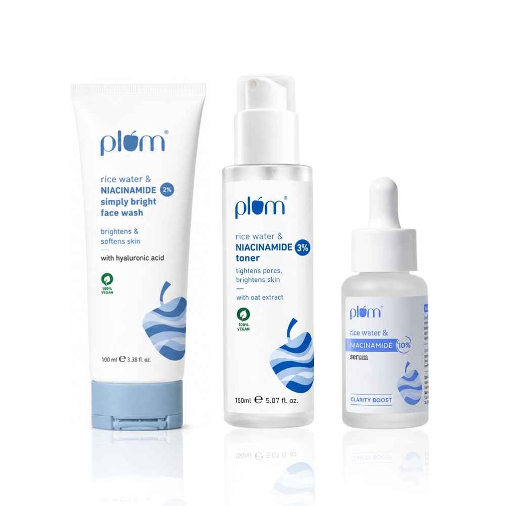 Buy Plum Glow Essentials- Simply Bright 2% Niacinamide Face Wash With Rice Water | 100 ml + 3% Niacinamide & Rice Water Alcohol-Free Toner - 150 ml + 10% Niacinamide Face Serum with Rice Water-15 ml - Purplle