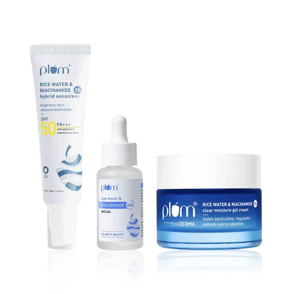 Buy Plum Bright Skin Essentials Kit - 10% Niacinamide Face Serum with Rice Water (15 ml) + 2% Niacinamide & Rice Water Hybrid Face Sunscreen + 2% Niacinamide & Rice Water Clear Moisture Gel Cream 50g - Purplle