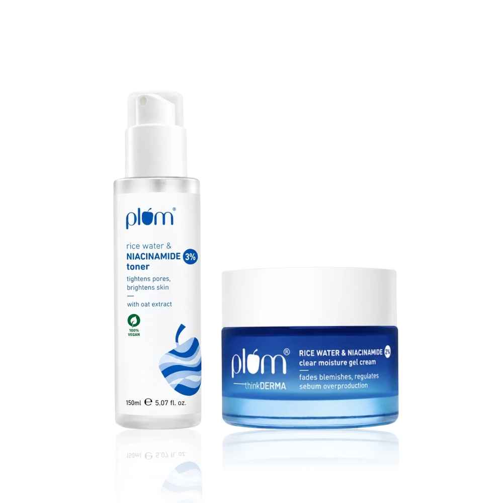 Buy Plum Pore Perfect Duo-3% Niacinamide & Rice Water Alcohol-Free Toner -150 ml+ 2% Niacinamide & Rice Water Clear Moisture Gel Cream - 50 gm - Purplle