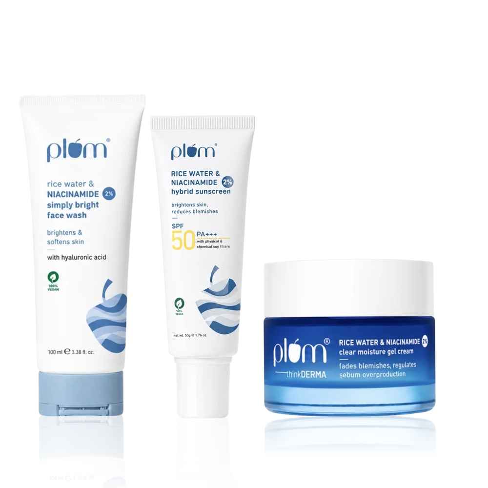 Buy Plum Glow & Protect Trio - 2% Niacinamide Sunscreen SPF 50 PA+++ With Rice Water - 50 gm + Simply Bright 2% Niacinamide Face Wash With Rice Water - 100 ml + 2% Niacinamide & Rice Water Clear Moisture Gel Cream - 50 gm - Purplle