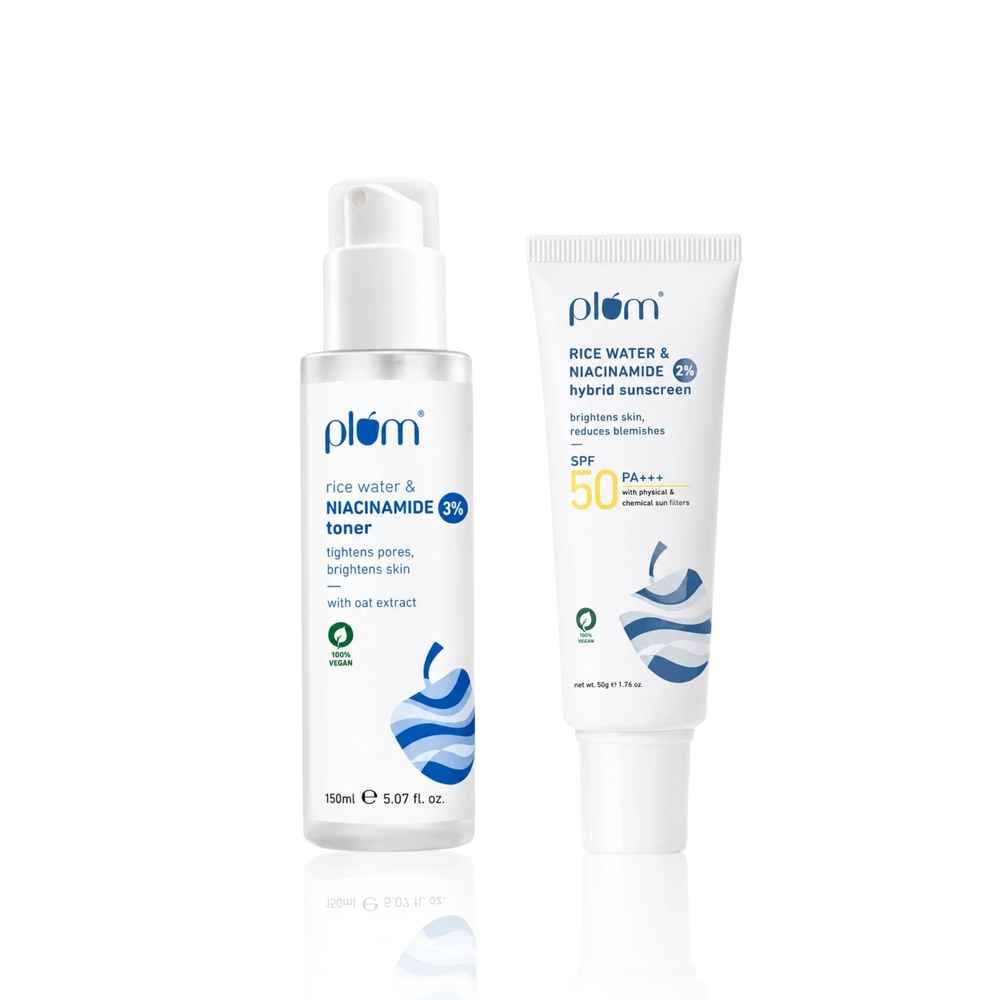 Buy Plum Niacinamide Tone and Protect Duo (3% Niacinamide Toner 150 ml + 2% Nicinamide Sunscreen 50 gm) - Purplle