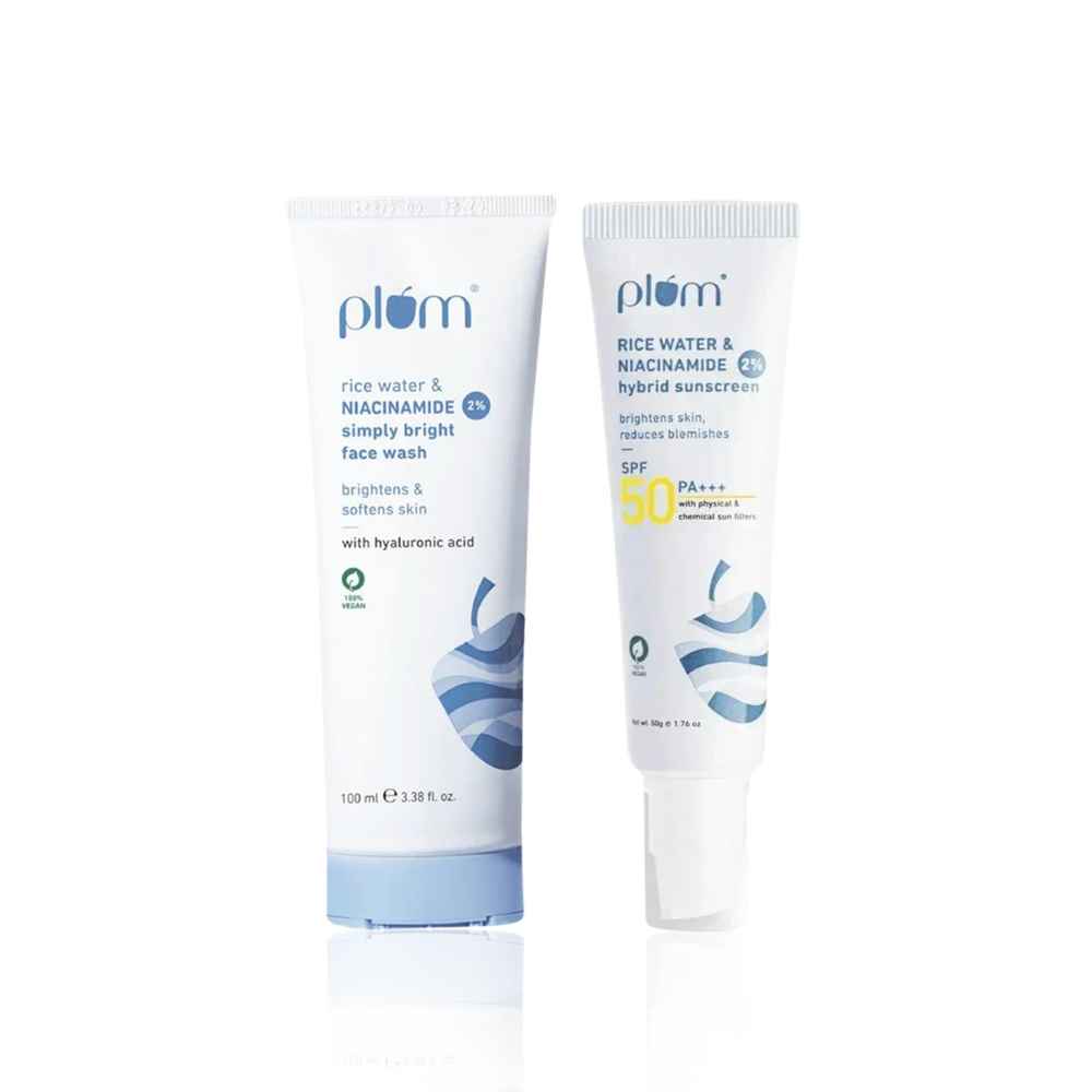 Buy Plum Bright & Protect Duo - 2% Niacinamide Face Wash With Rice Water - 100 ml + 2% Niacinamide Sunscreen SPF 50 PA+++ With Rice Water - 50 gm - Purplle