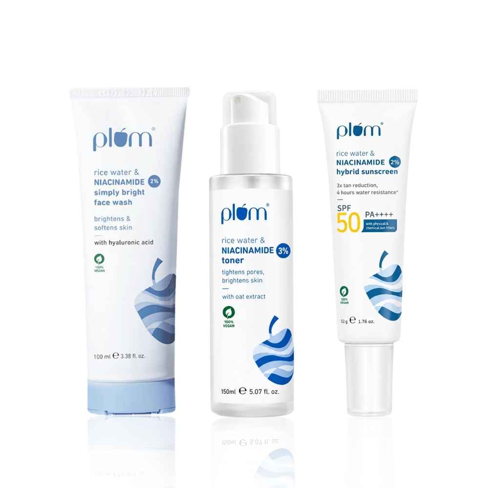 Buy Plum Radiance Trio - 2% Niacinamide Face Wash With Rice Water | 100 ml + 3% Niacinamide & Rice Water Alcohol-Free Toner - 150 ml + 2% Niacinamide Sunscreen SPF 50 PA+++ With Rice Water - 50 gm - Purplle
