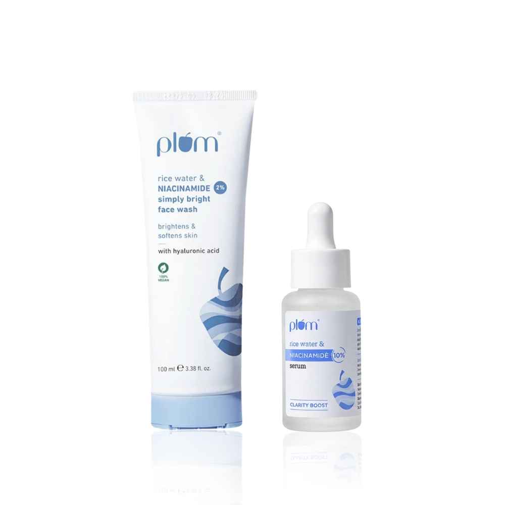 Buy Plum Clear & Bright Duo-10% Niacinamide Face Serum with Rice Water - 15 ml + 2% Niacinamide Face Wash With Rice Water - 100 ml - Purplle