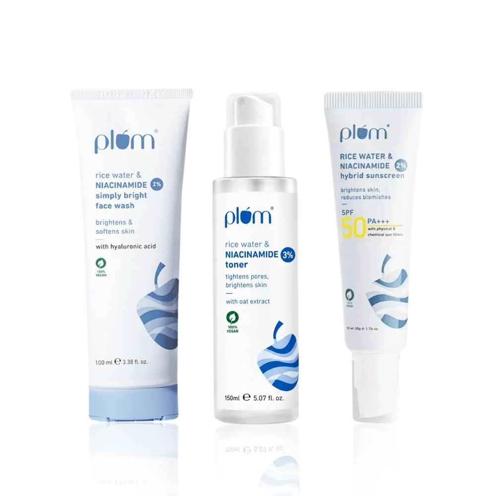 Buy Plum Niacinamide CTS Routine (2% Nicinamide Face Wash 100 ml + 3% Nicinamide Toner 150 ml + 2% Nicinamide Sunscreen 50 gm) - Purplle