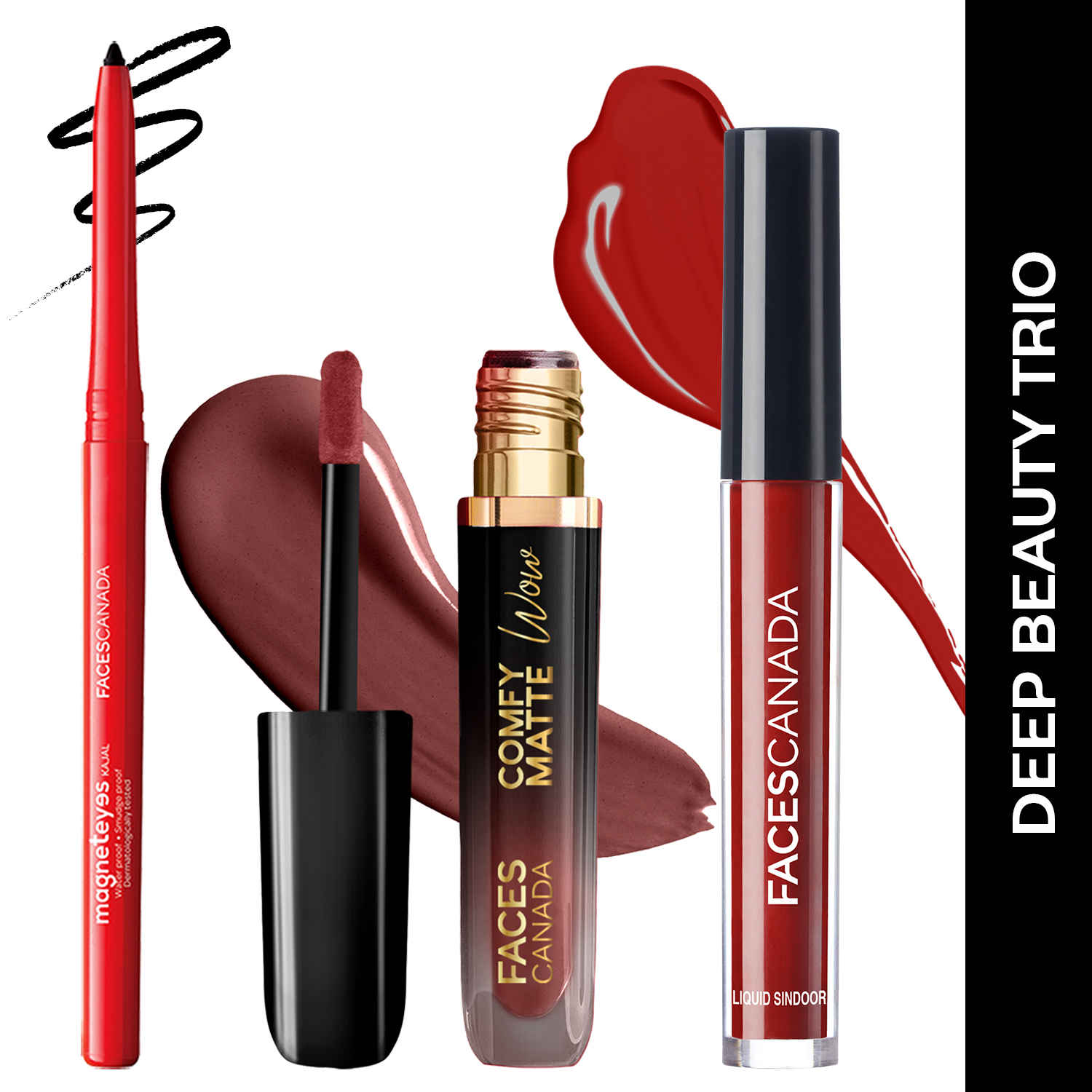 Buy FACES CANADA Deep Beauty Trio: Maroon Sindoor 2.5 ml + Cocoa Crush Comfy Matte Wow Lipstick 3.8 ml + Black Kajal 0.35 gm| Long Lasting | Highly Pigmented | Water-Proof | Festive Makeup Gift Set for Women Combo of 3 - Purplle