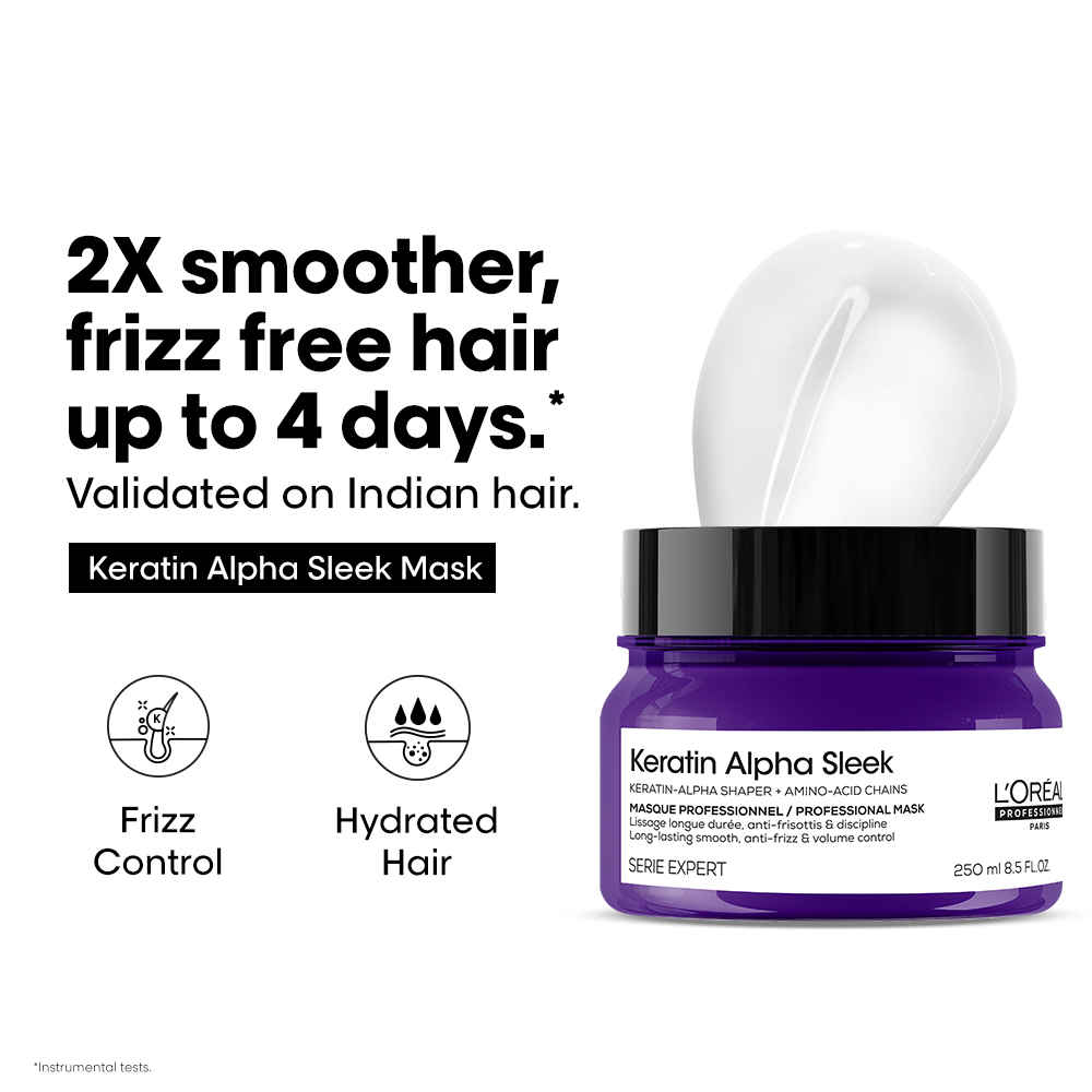 Buy L'Oreal Professionnel Keratin Alpha Sleek Hair Mask, 84% Less frizz, 5X Instant smoothness (250 ml) - Purplle