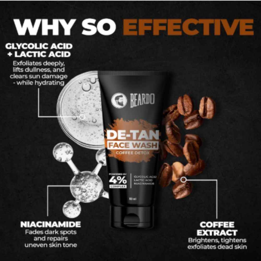 Buy Beardo DeTan Face Wash for Men Coffee Detox | Glycolic Acid,Niacinamide & Coffee | Helps to Reduce Tan,Reduce Dark Sports & Pigmentation | Exfoliates & Hydrates for Smooth & Oil Free Skin (50 ml) - Purplle