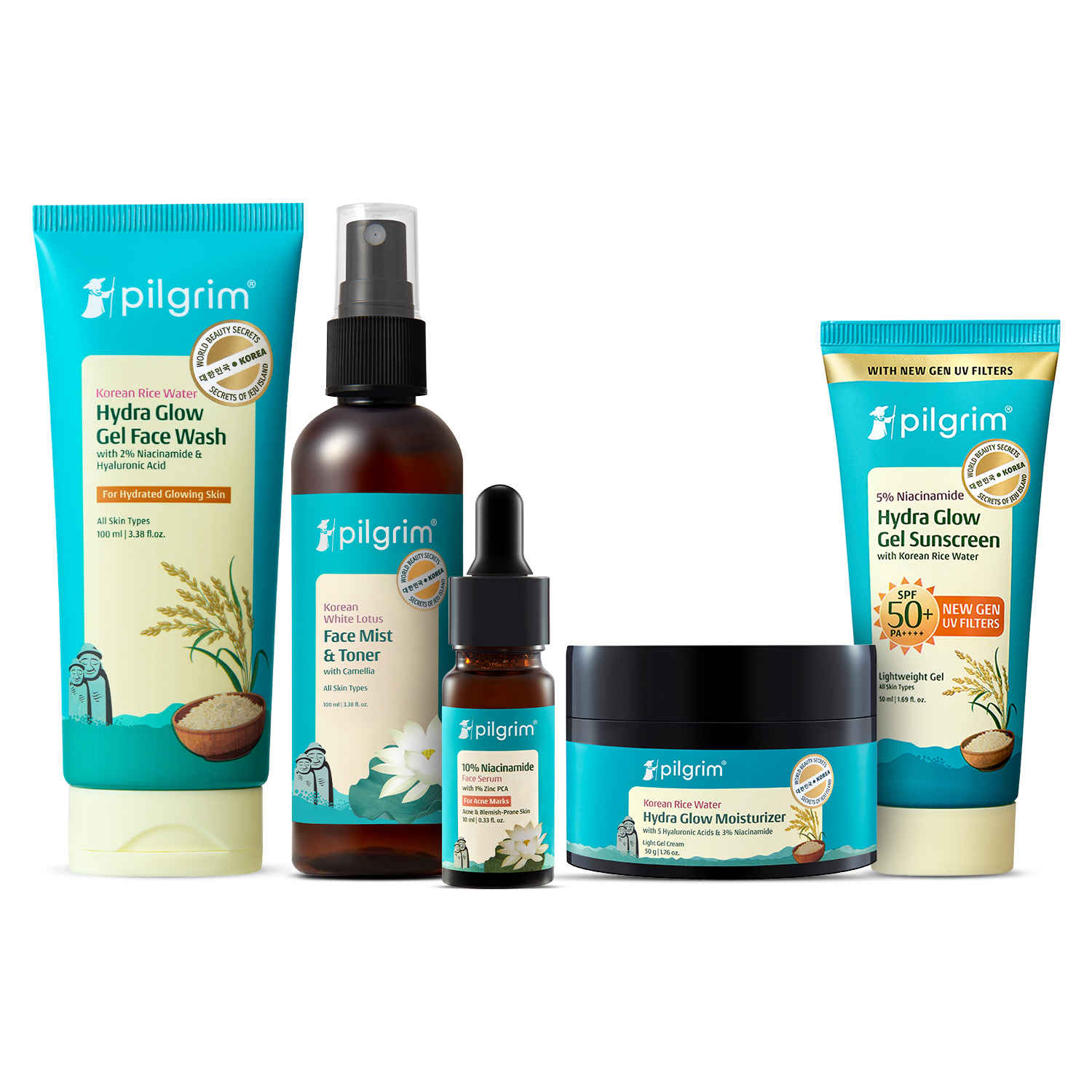 Buy Pilgrim Complete Korean Hydration Kit- Facewash, Toner, Serum, Moisturizer & Sunscreen For Healthy Skin, (Combo of 5) - Purplle