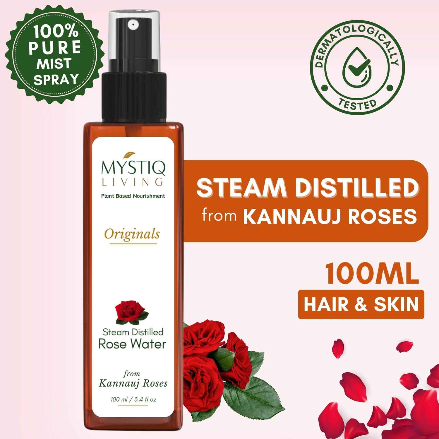 Buy Mystiq Living Rose Water Spray for Face (100 ml) | Gulab Jal Rose Water Spray | Rose Water Toner Spray | Gulabari Rose Water | For Dry Skin | 100% Pure Rosewater | Natural Skin Toner | Pure & Natural Hydrosol - Purplle