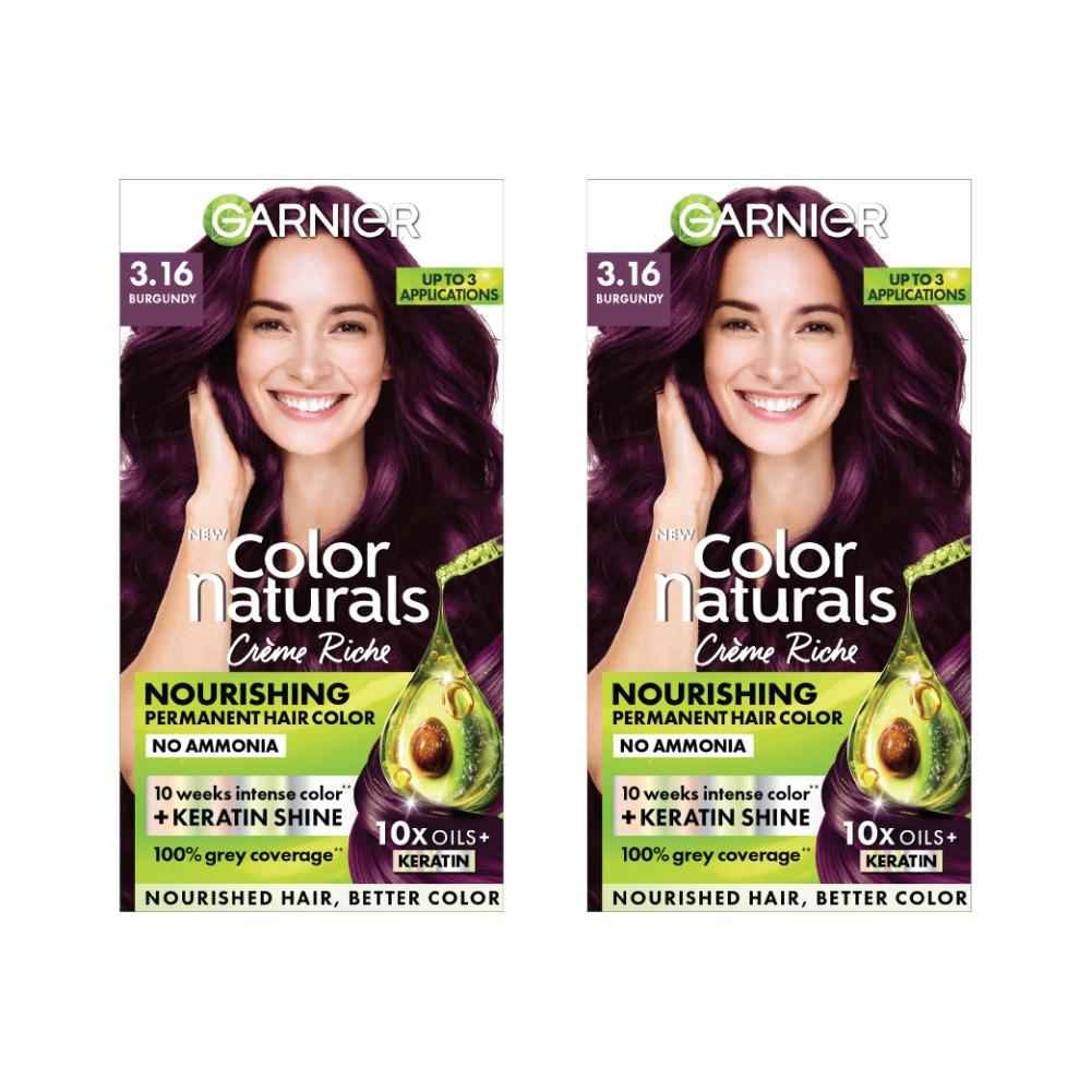 Buy Garnier Color Naturals 3.16 Burgundy Hair Color with Keratin - Permanent & Ammonia Free (70 ml + 60 gm) (Pack of 2) - Purplle