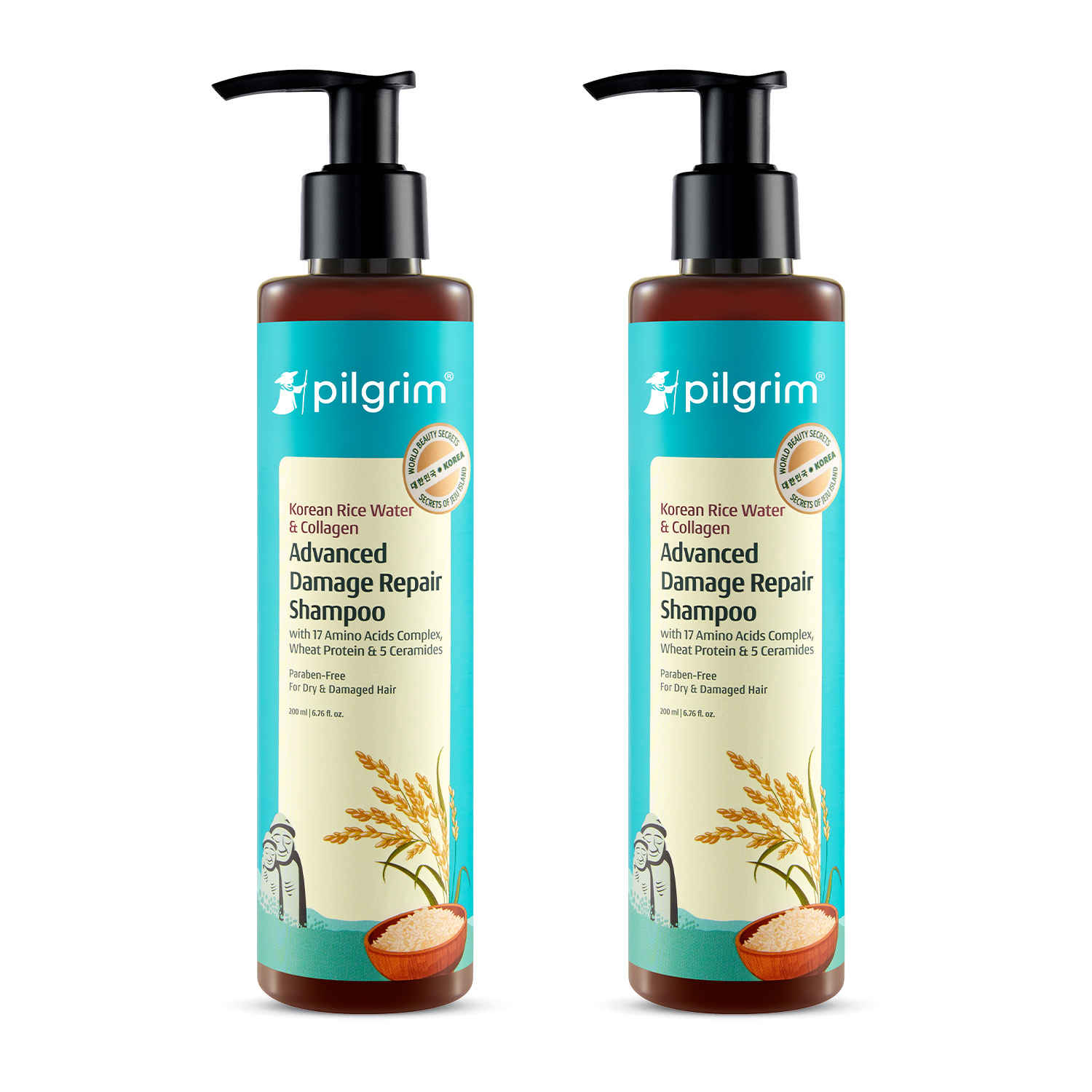 Buy Pilgrim Korean Rice Water & Collagen Advanced Damage Repair Shampoo For Dry & Damage Hair (Pack of 2) 200 ml each - Purplle