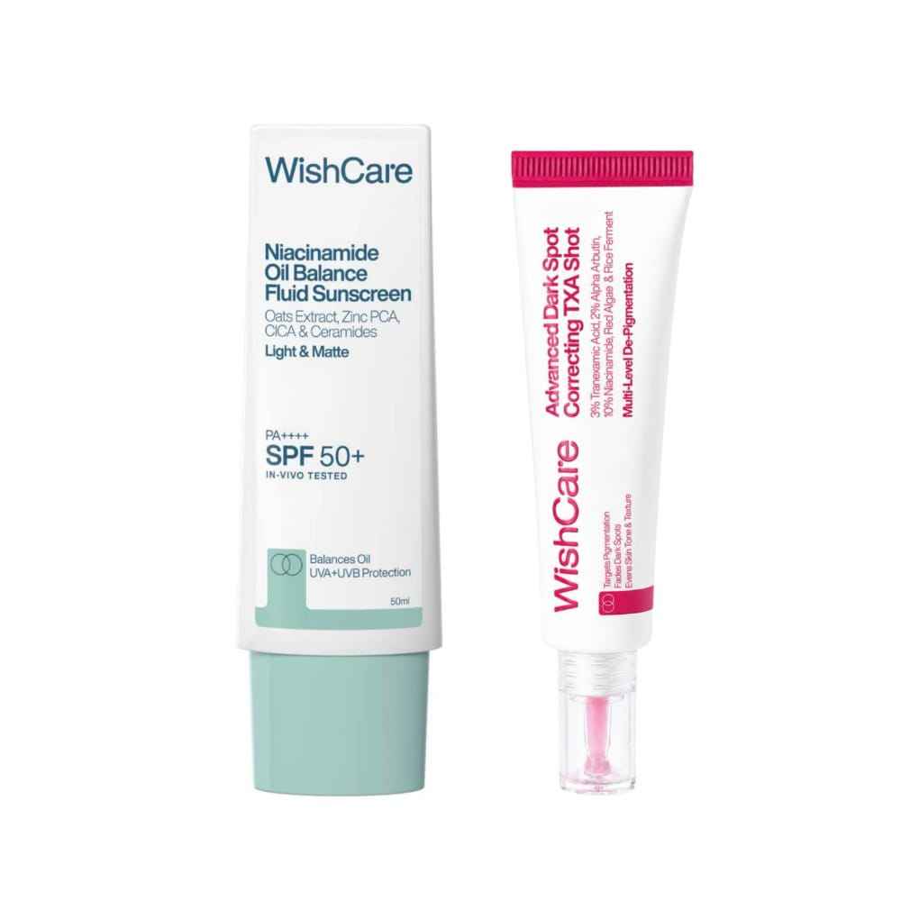 Buy WishCare Niacinamide Oil Balance Fluid Face Sunscreen & Advanced Dark Spot Correcting TXA Shot Serum - Combo of 2 - Purplle