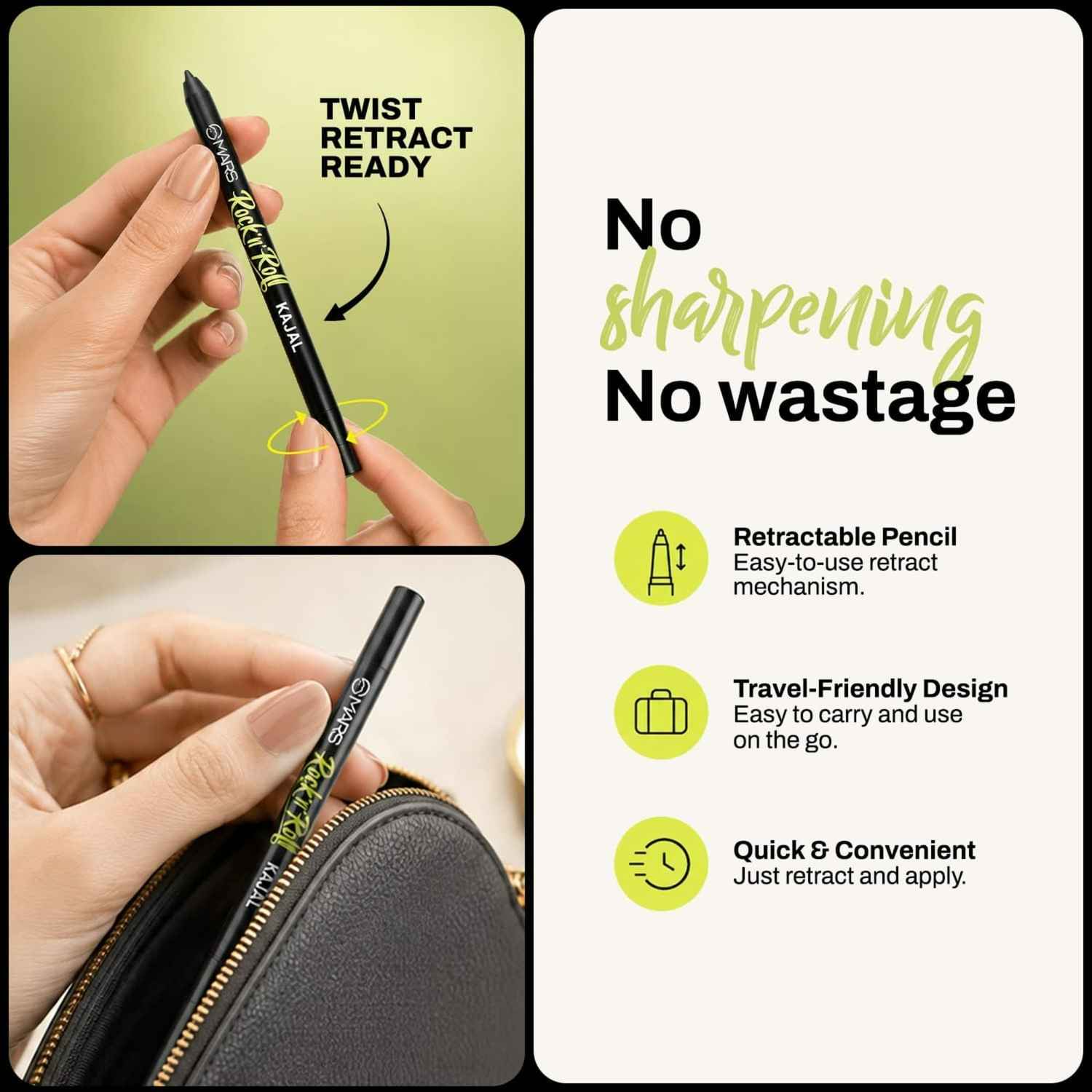 Buy MARS Rock 'N' Roll Retractable Kajal for Women with Tip Sharpen Tool | Jet Black One-Swipe Pigmentation | Waterproof & Smudge-Proof | Long-Lasting Up to 8 Hours | Black (0.65 gm) - Purplle