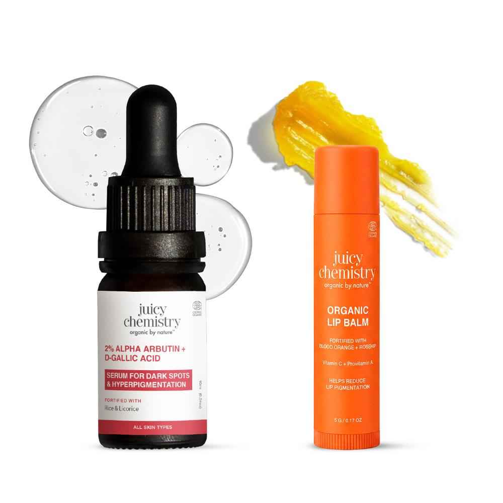 Buy Juicy Chemistry Daily Brightening Duo | Organic Lip Balm with Blood Orange + Rosehip (5 gm) & 2% Alpha Arbutin + D-Gallic Acid Face Serum (10 ml) | Reduces Lip Pigmentation | Hydrates & Brightens Skin Tone Combo of 2 - Purplle