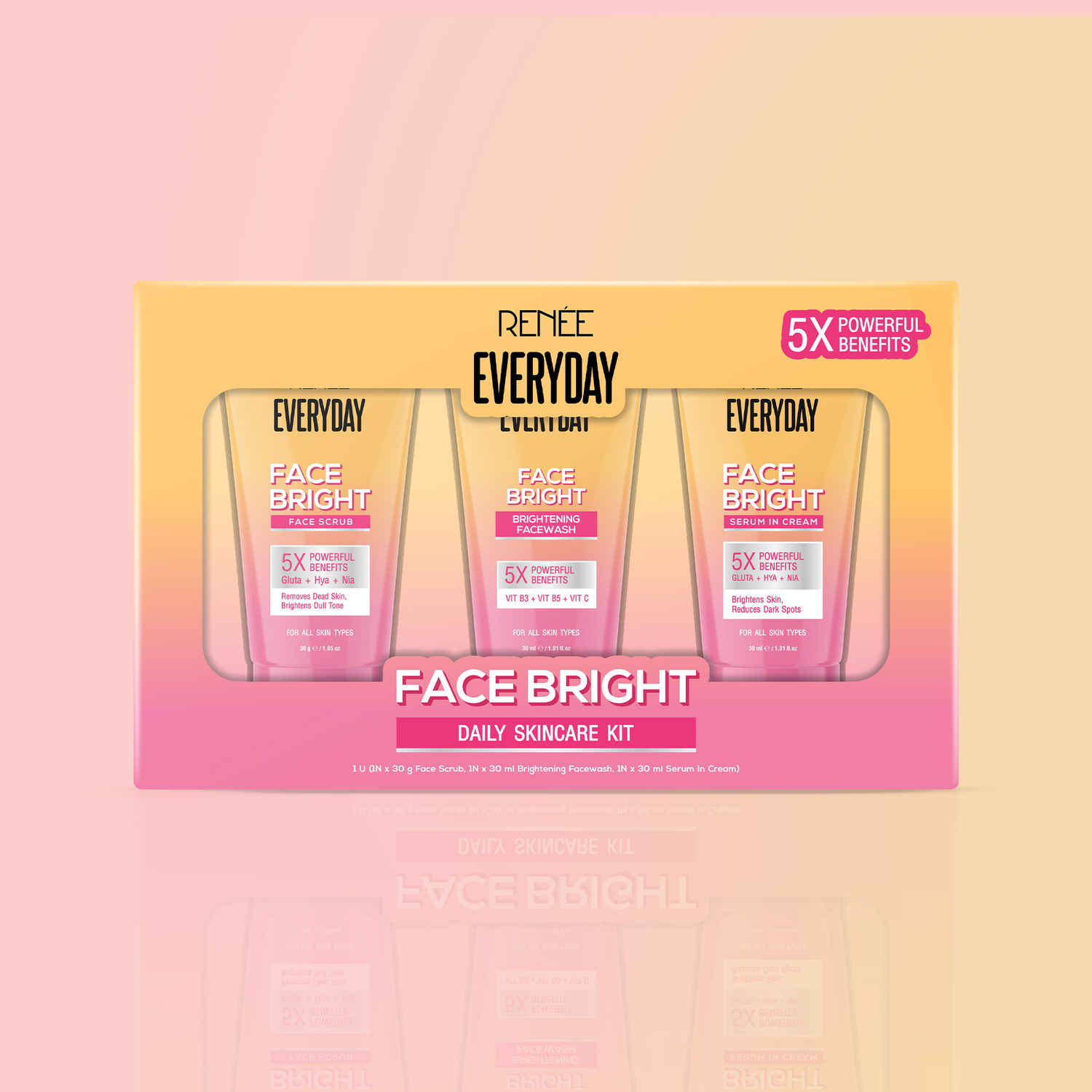 Buy Renee Everyday Face Bright Daily Skincare Kit For Bright Skin | Includes Face Wash, Scrub & Serum In Cream | Cleanses, Exfoliates & Hydrates Skin | Travel-Friendly Mini Pack Size | 3 x 30 gm (90 gm) - Purplle