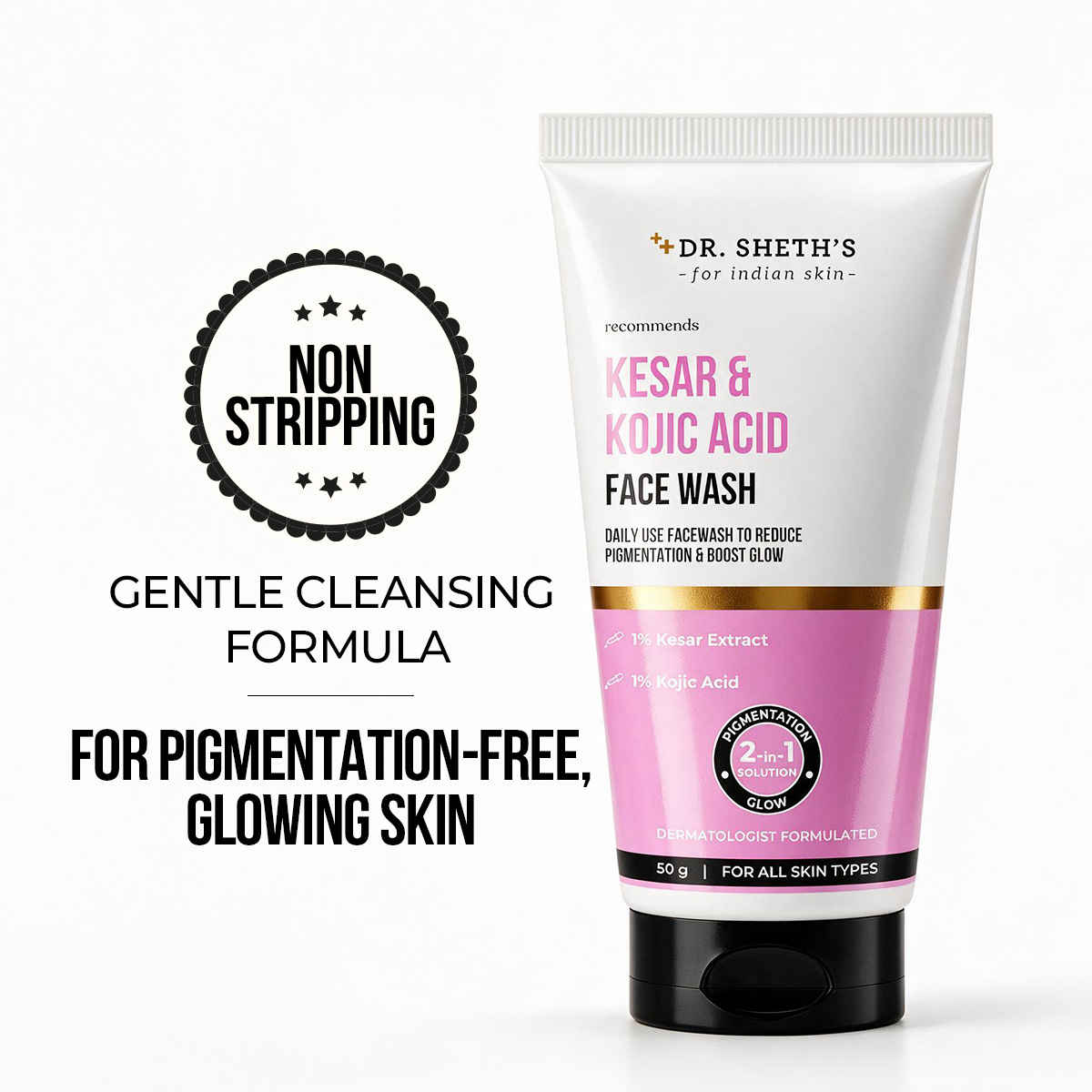 Buy Dr. Sheth's Kesar & Kojic Acid Face Wash | Non-Drying Face Cleanser | Helps Reduce Pigmentation & Boost Glow | Sensitive-Skin Safe | Tested on all Indian Skin Types (50 gm) - Purplle