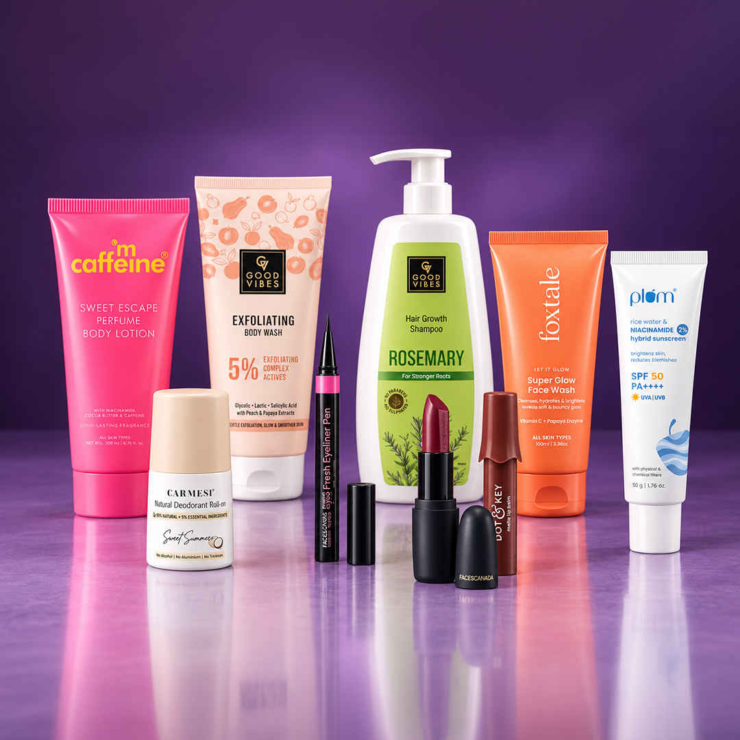Buy MultiBrand The Glow Factor (mCaffeine Body Lotion + Good Vibes Body Wash + Carmesi Roll-On + Faces Canada Eyeliner + Foxtale Face Wash + Dot & Key Lip Balm + Faces Canada Lipstick + Good Vibes Shampoo + Plum Sunscreen) Combo of 9 - Purplle