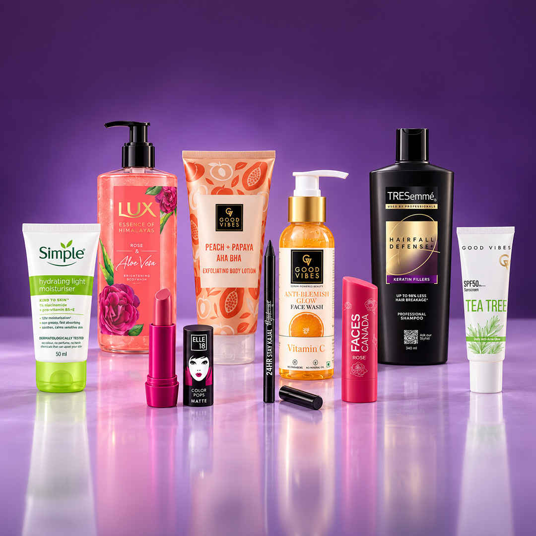 Buy MultiBrand The Daily Glow Edit (Good Vibes Body Lotion + Lux Body Wash + Good Vibes Face Wash + Simple Moisturiser + Blue Heaven Kajal + Faces Canada Lip Balm + Elle 18 Lipstick + TRESemme Shampoo + Good Vibes Sunscreen) Combo of 9 - Purplle