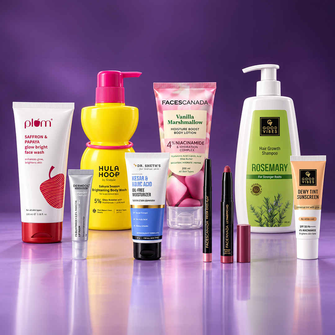 Buy MultiBrand The Head-to-Toe Glow Kit (Faces Canada Lotion + Foxtale Body Wash + Plum Face Wash + Dr. Sheth's Moisturiser + Faces Canada Kajal + DERMDOC Lip Balm + Faces Canada Lipstick + Good Vibes Shampoo + Good Vibes Sunscreen) Combo of 9 - Purplle