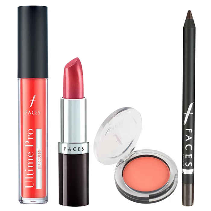 Buy Faces Canada Ultimate Pro Lip Creme (Hawain Orange) + Glam On Ultramoist Lipstick (Coraline) + Longwear Eye Pencil (Metal Brown) + Glam On Perfect Blush (Cocktail Peach) - Purplle