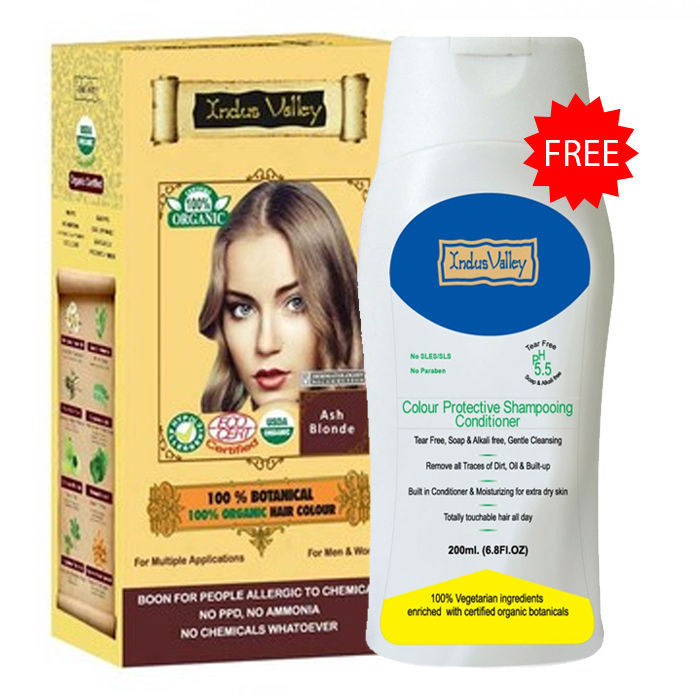 Indus Valley 100% Botanical Organic Healthier Hair Colour Ash Blonde (182  g) & Get Indus Valley Colour Protective Shampooing Conditioner (200 ml)