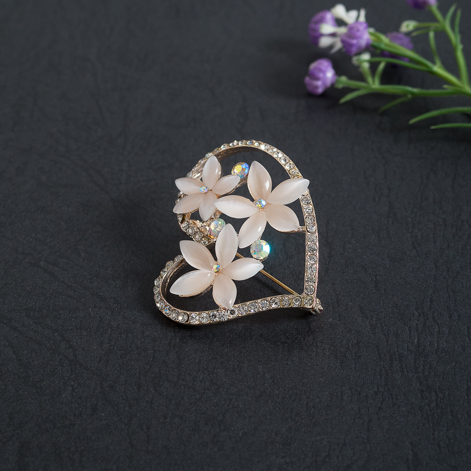 Golden Peacock Cats Eye stone Heart shaped Brooch