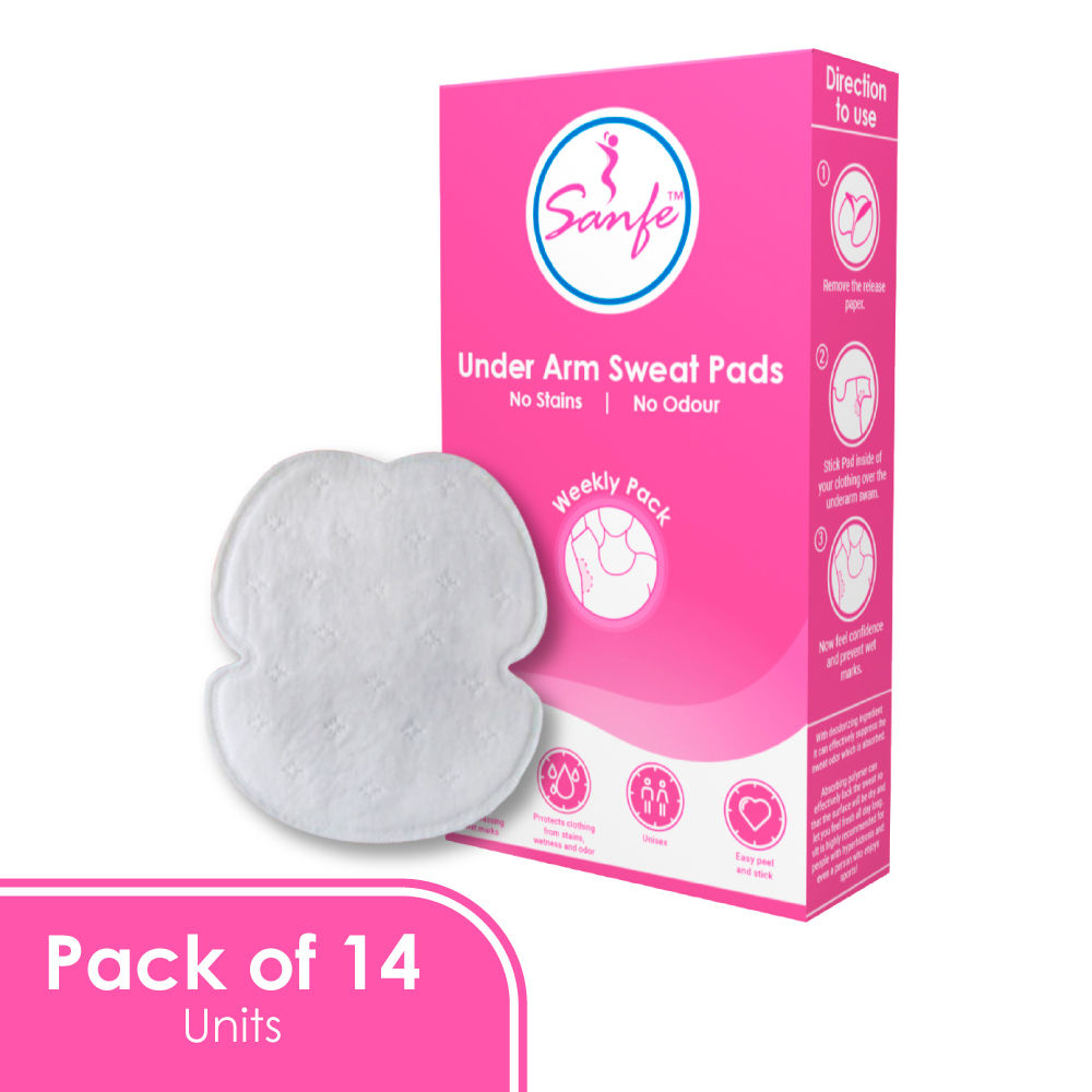Sanfe disposable underarm sweat pads available with 14 packsprolongs