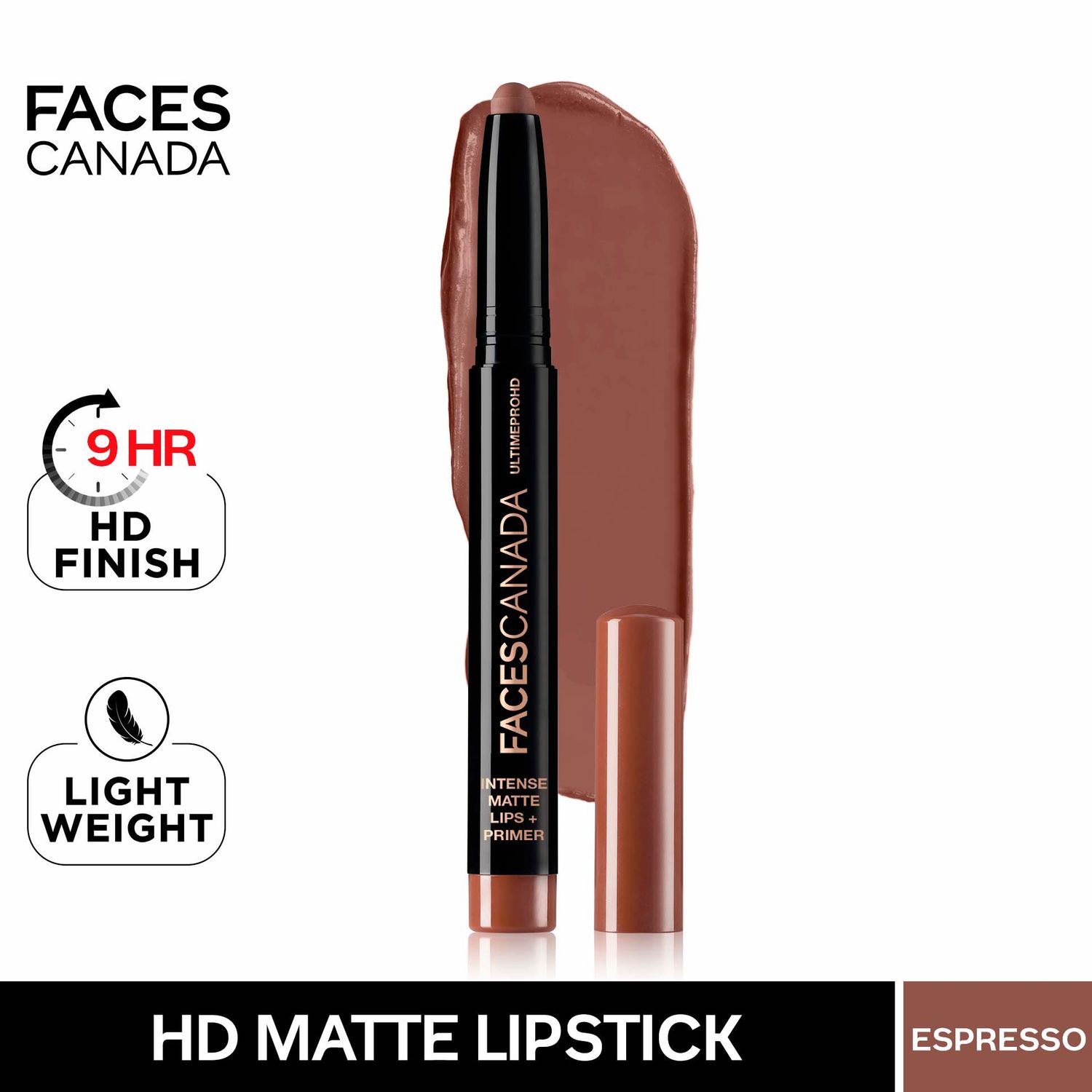 Faces Canada HD Intense Matte Lipstick | Feather light comfort | 10 hrs stay| Primer infused | Flawless HD finish | Made in Germany | Espresso 1.4g