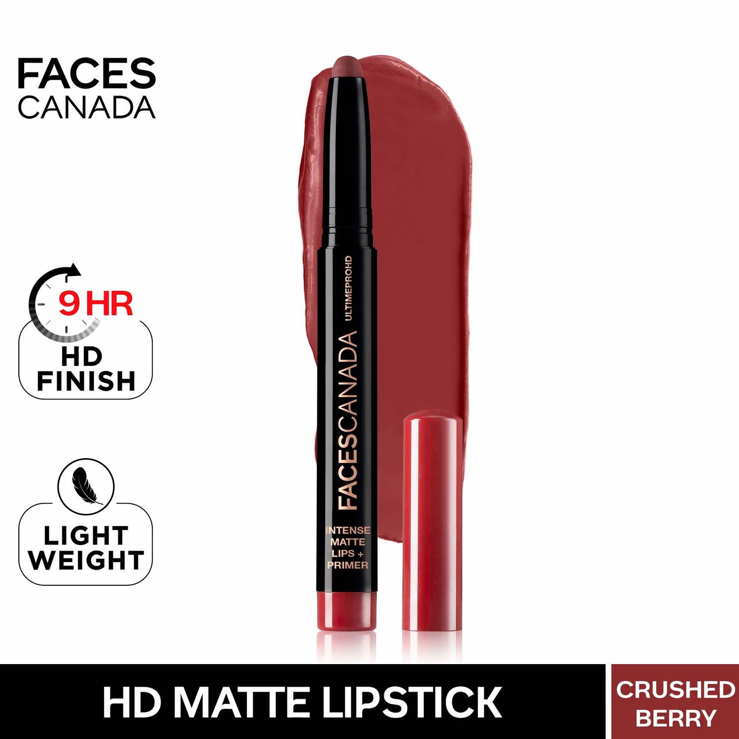 Faces Canada HD Intense Matte Lipstick | Featherlight comfort | 10 hrs stay| Primer infused | Flawless HD finish |Made in Germany | Crushed Berry 1.4g