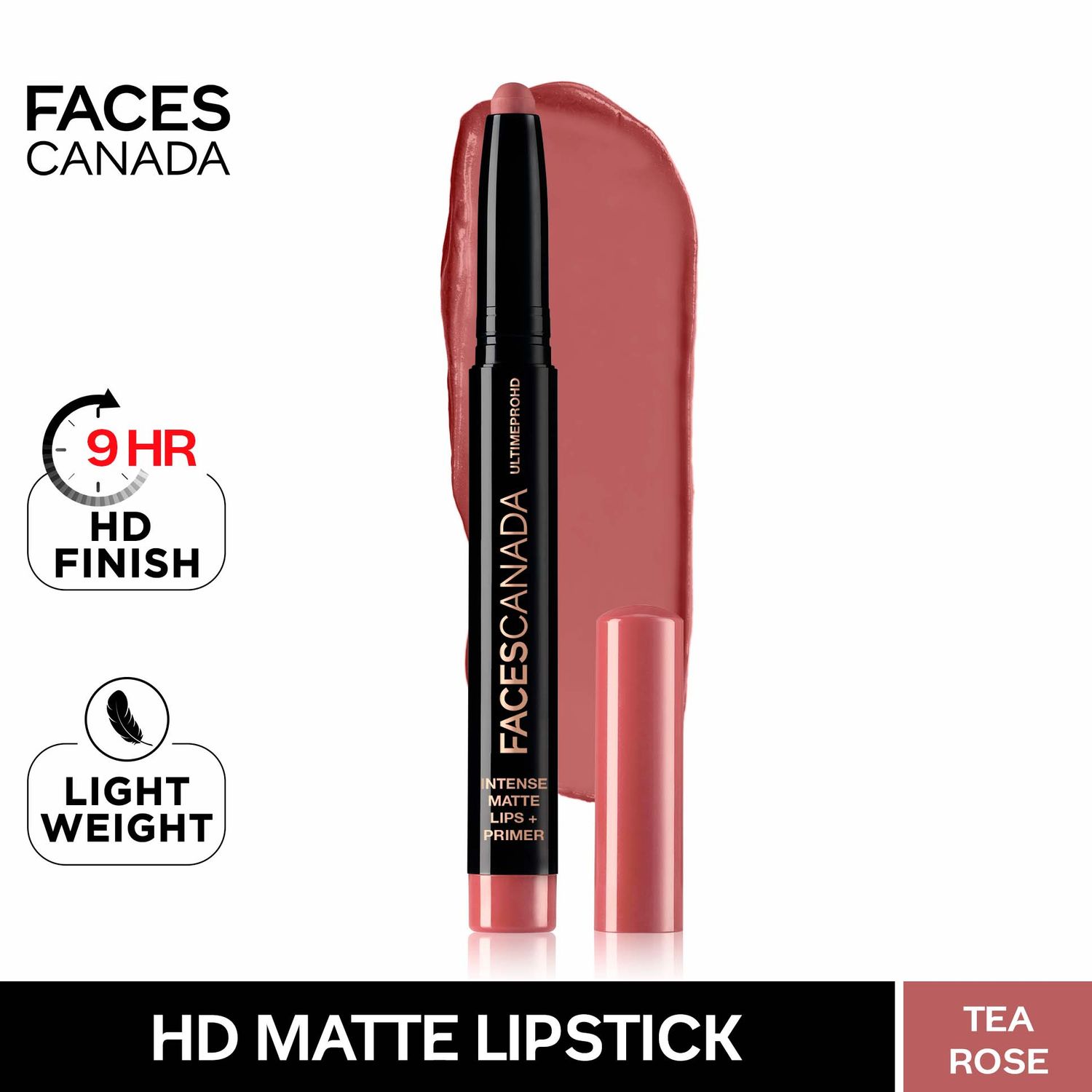Faces Canada HD Intense Matte Lipstick | Feather light comfort | 10 hrs stay| Primer infused | Flawless HD finish | Made in Germany | Tea Rose 1.4g