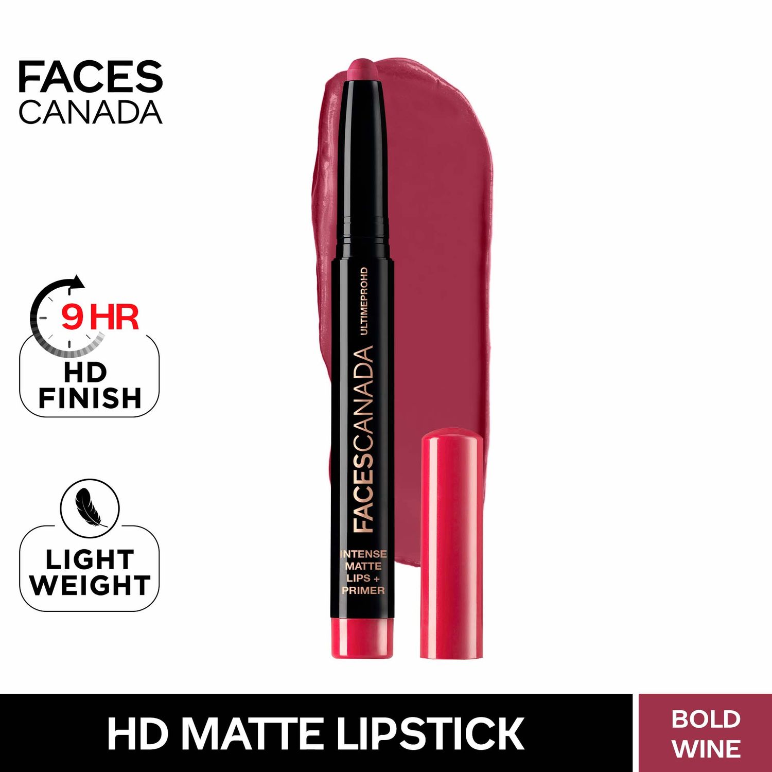 Faces Canada HD Intense Matte Lipstick | Feather light comfort | 10 hrs stay| Primer infused | Flawless HD finish | Made in Germany | Bold Wine 1.4g
