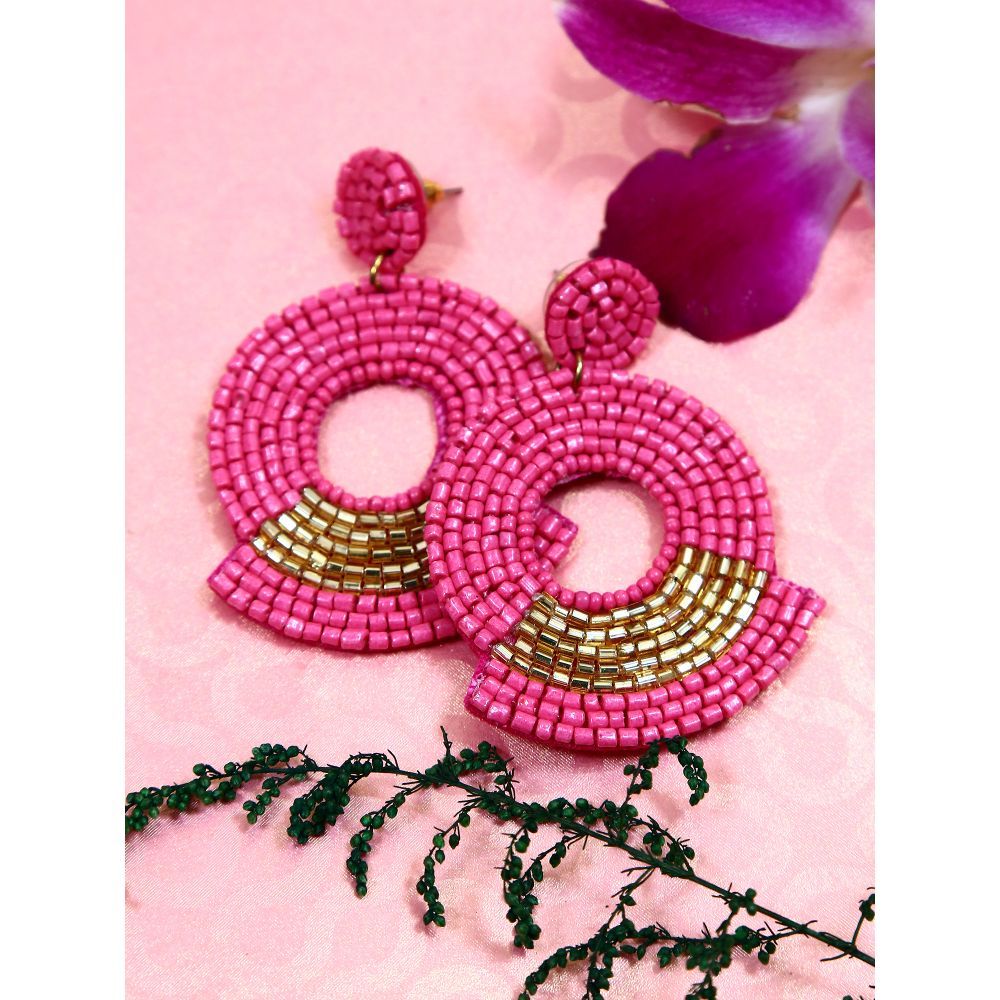 Ethnic Traditional Gold Pink  Black Beaded Wedding Drop Earrings For Women