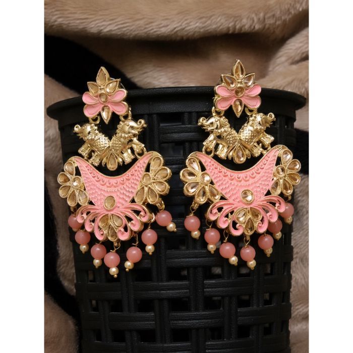 Raj Jewellery Bollywood style Traditional Ethnic PEACH Color Gold Platted  Big Jhumka Jhumki Earrings for Women and Girls