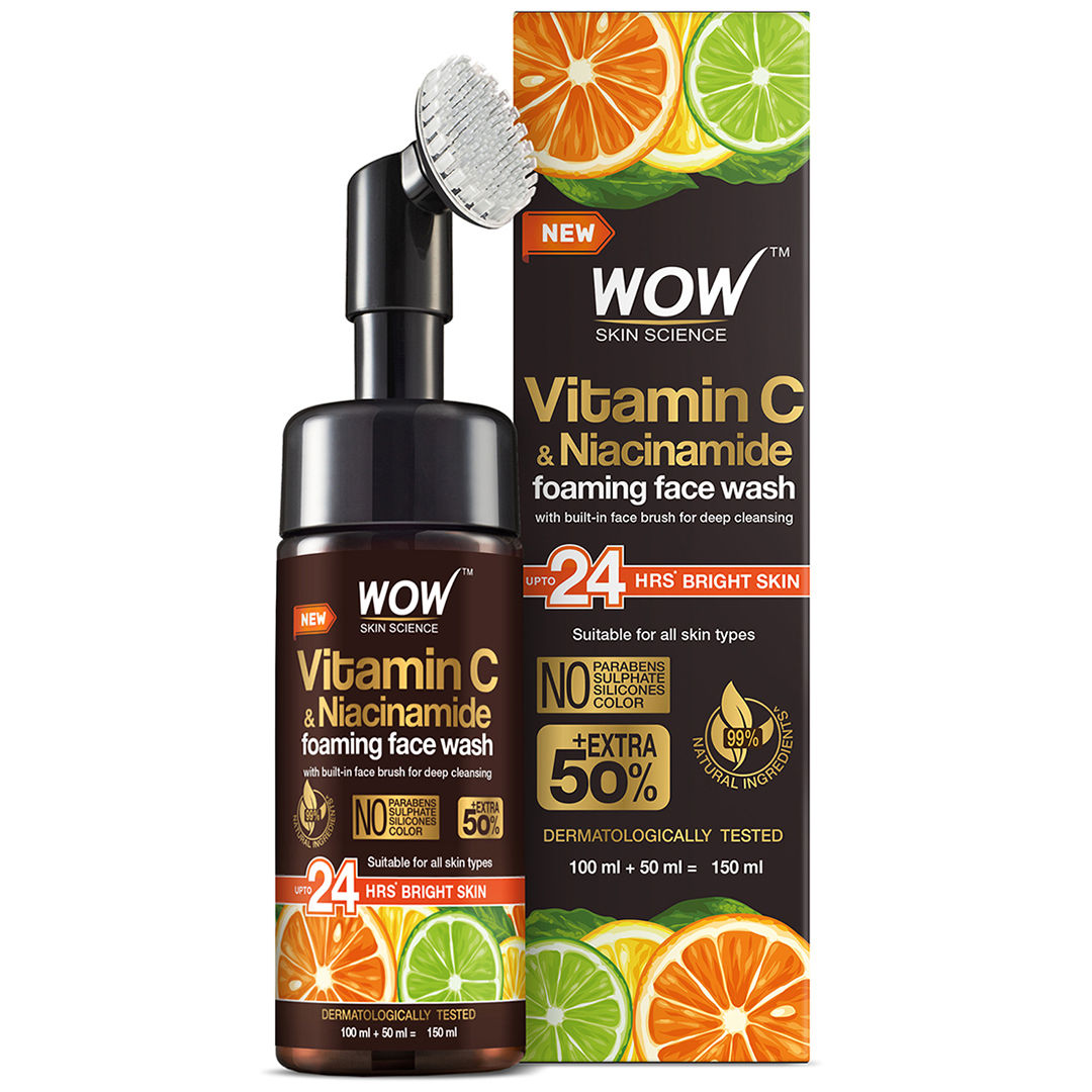 Buy WOW Skin Science Vitamin C Foaming Face Wash for Skin Brightening, Age Spots And reduce fine lines - with Built-In Face Brush - 100mL + 50mL = 150mL - Purplle