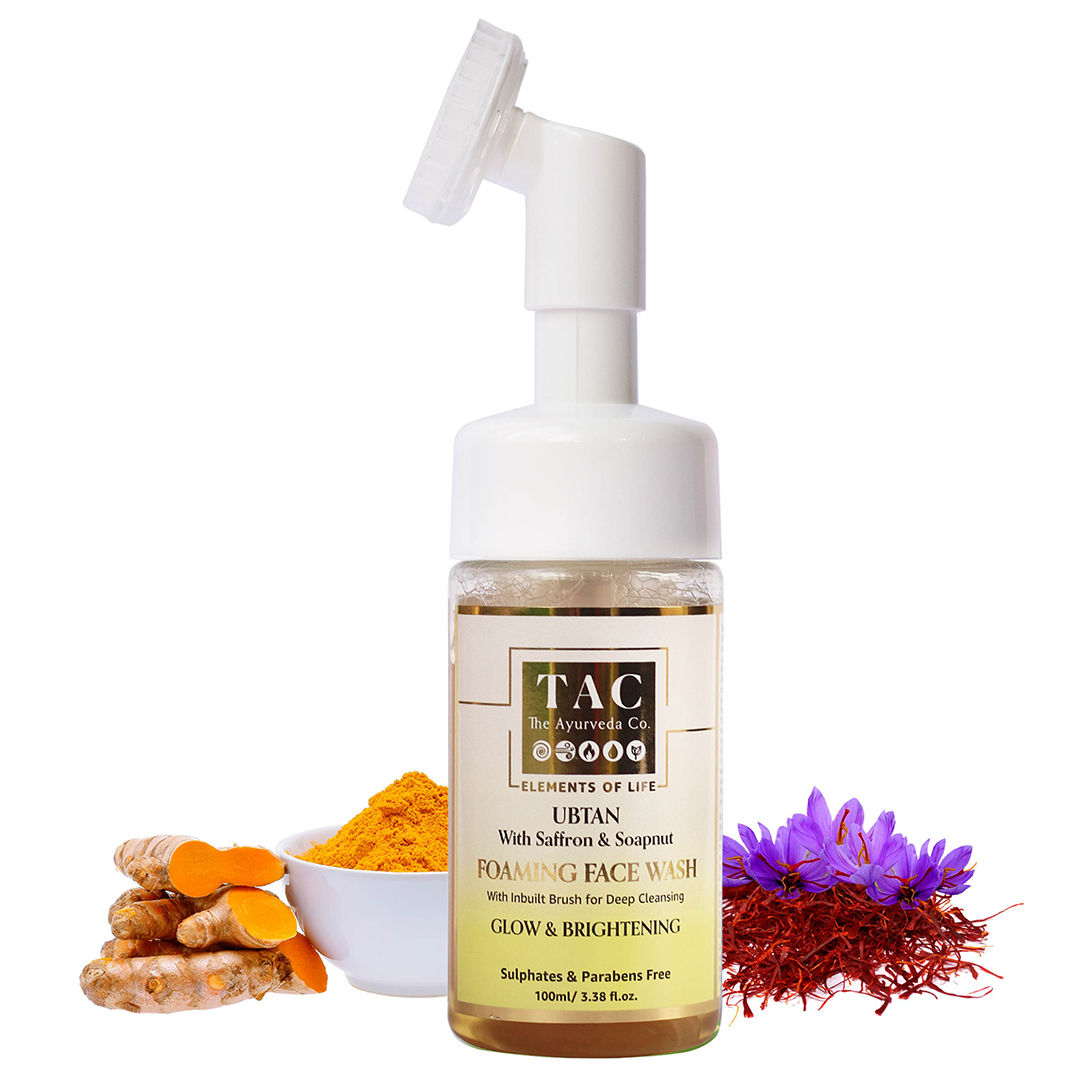 TAC The Ayurveda Co. Ubtan Foaming Face Wash With Saffron and Soapnut With Inbuilt Deep Brush