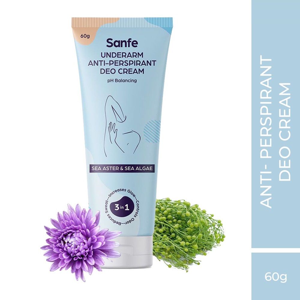 Sanfe Anti-Perspirant & Odour Balancing Deo Cream for Women - 60g with Sea Aster and Green SeaWeed | ph Balancing | Controls Sweat & Odour | Anti-Bacterial | All Natural deodorant cream (Multicolor)