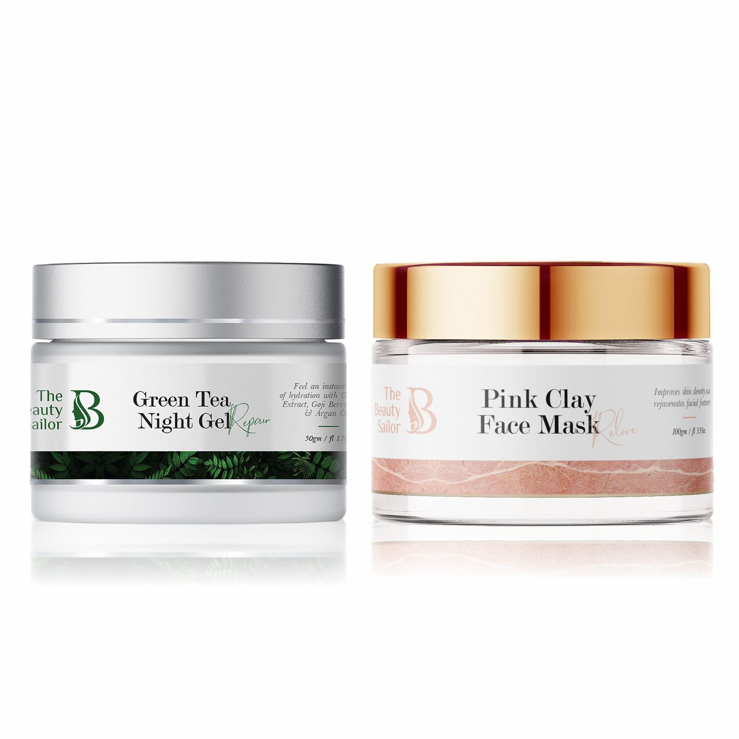 The Beauty Sailor Skin Care Combo Green Tea Night Gel Cream - 50 Gm + Anti  Aging Pink Clay Face Mask for Natural Glow- 100 Gm