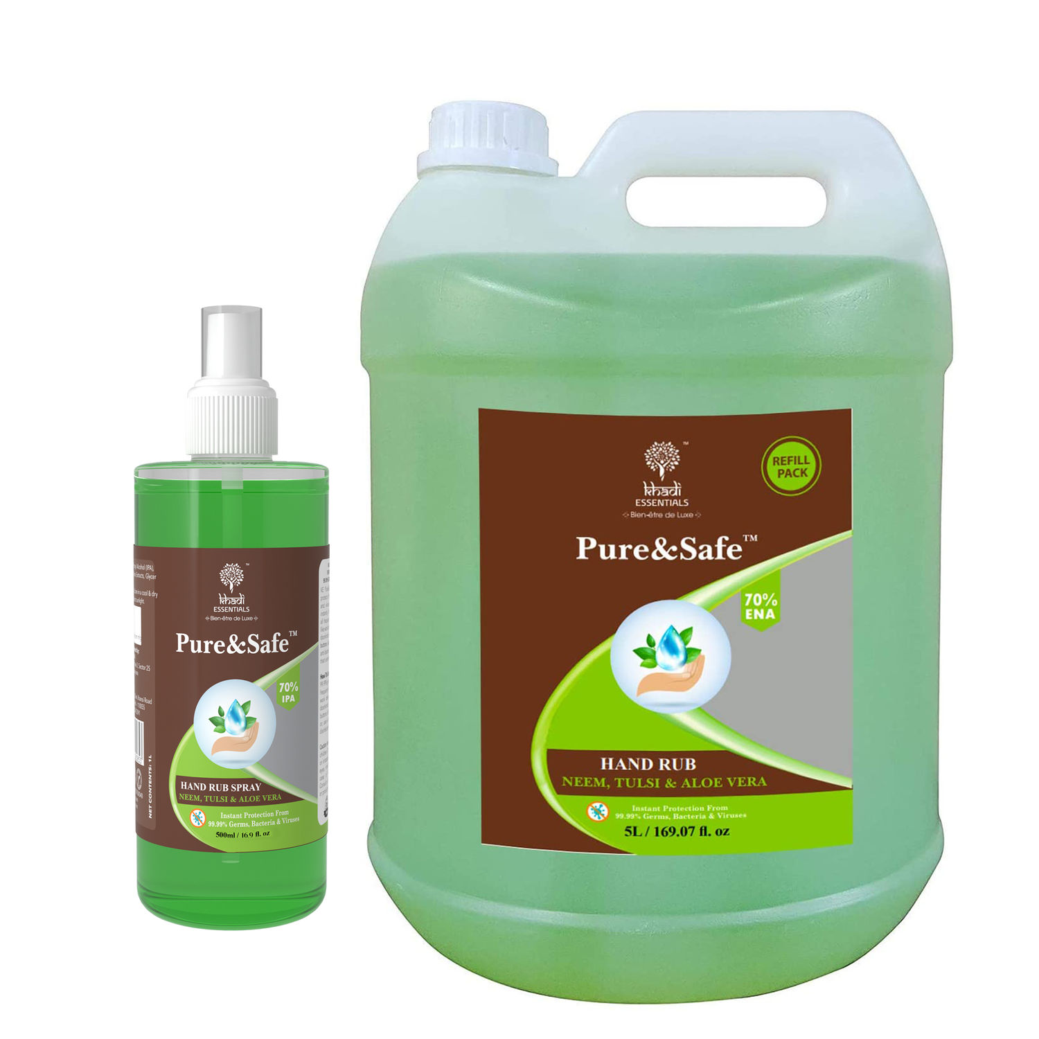 Khadi Essentials Pure&Safe Sanitizer 5 Liter Combo Instant Hand Sanitizer  Liquid Spray with Refill Pack 70% Ethyl Alcohol, Neem, Tulsi & Aloe Vera  Extracts with Glycerine (5ltr Bottle + 500mL Spray)