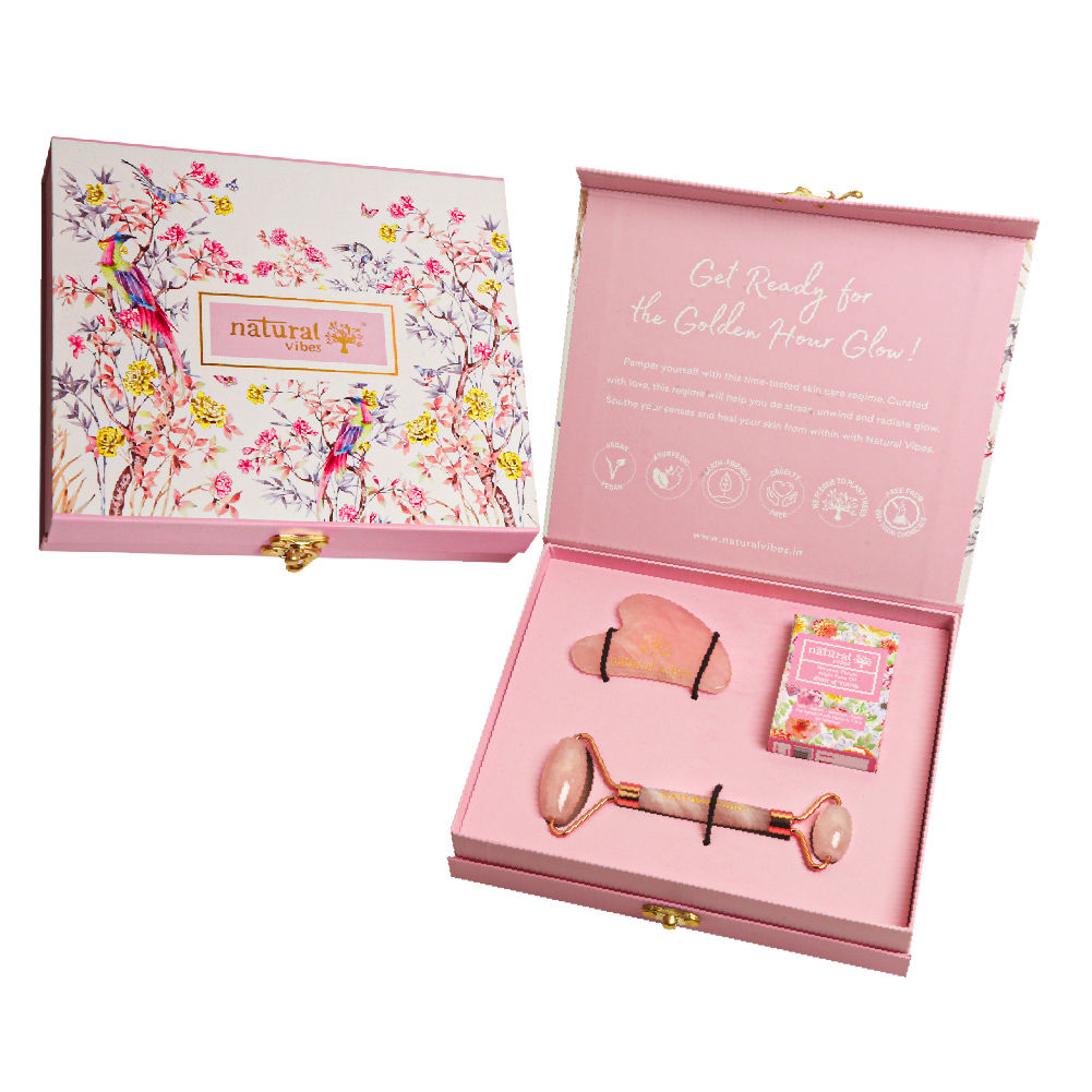 Natural Vibes Glow Getter Gift Set with Rose Quartz Face Roller, Rose