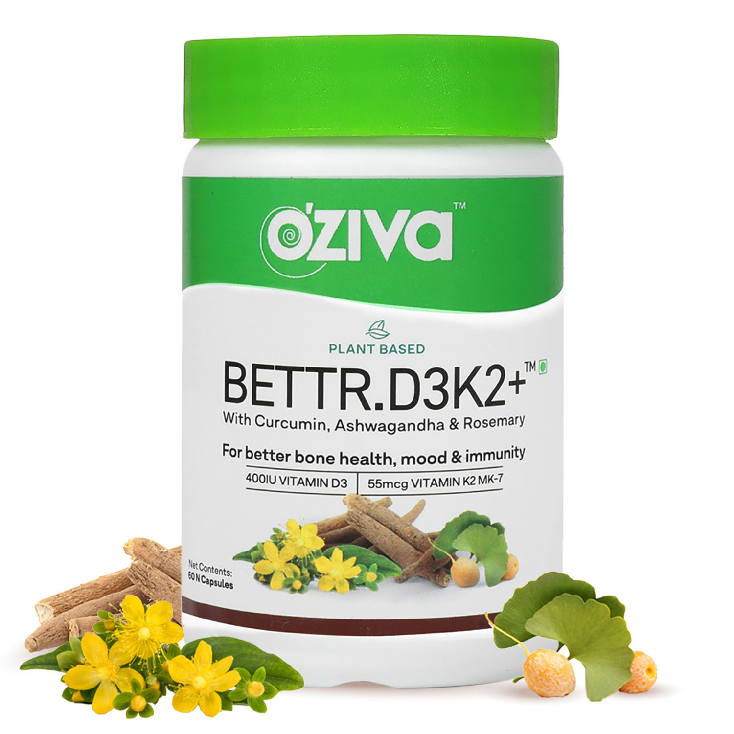 OZiva Bettr.D3K2+ (PlantBased Vitamin D3, Vitamin K2 with Curcumin