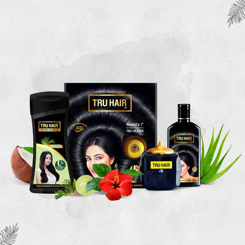TRU HAIR Ayurvedic Hair Oil110ml with Tru Heater & Tea Tree Shampoo