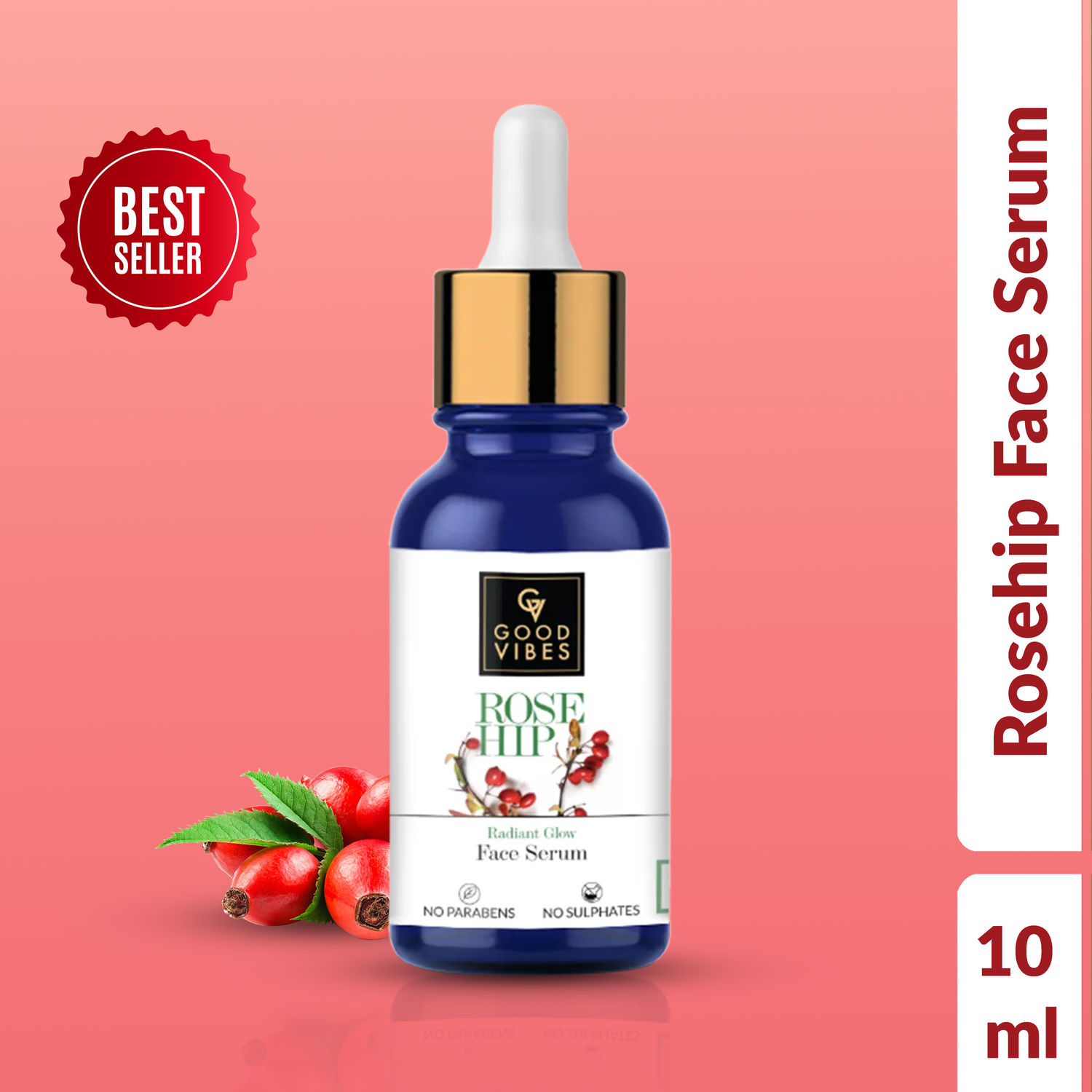 Good Vibes Rosehip Radiant Glow Face Serum | Light, Non-Sticky, Brightening | With Vitamin E | No Parabens, No Sulphates, No Animal Testing (10 ml)