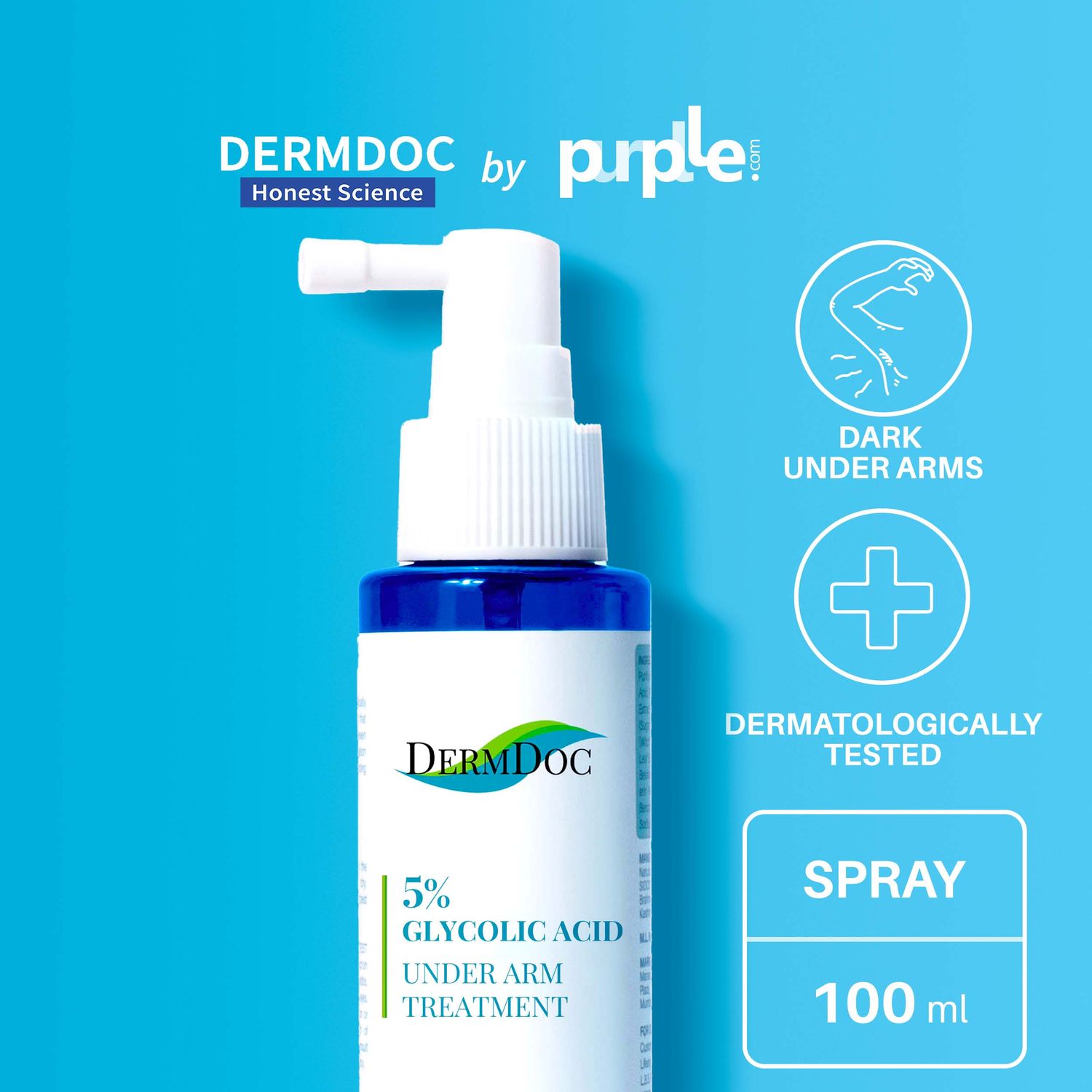 DermDoc by Purplle 5% Glycolic Acid Under Arm Treatment (100ml) | darkened underarms, lightening spray | body odour, dark elbow, dark neck, spray, glycolic acid