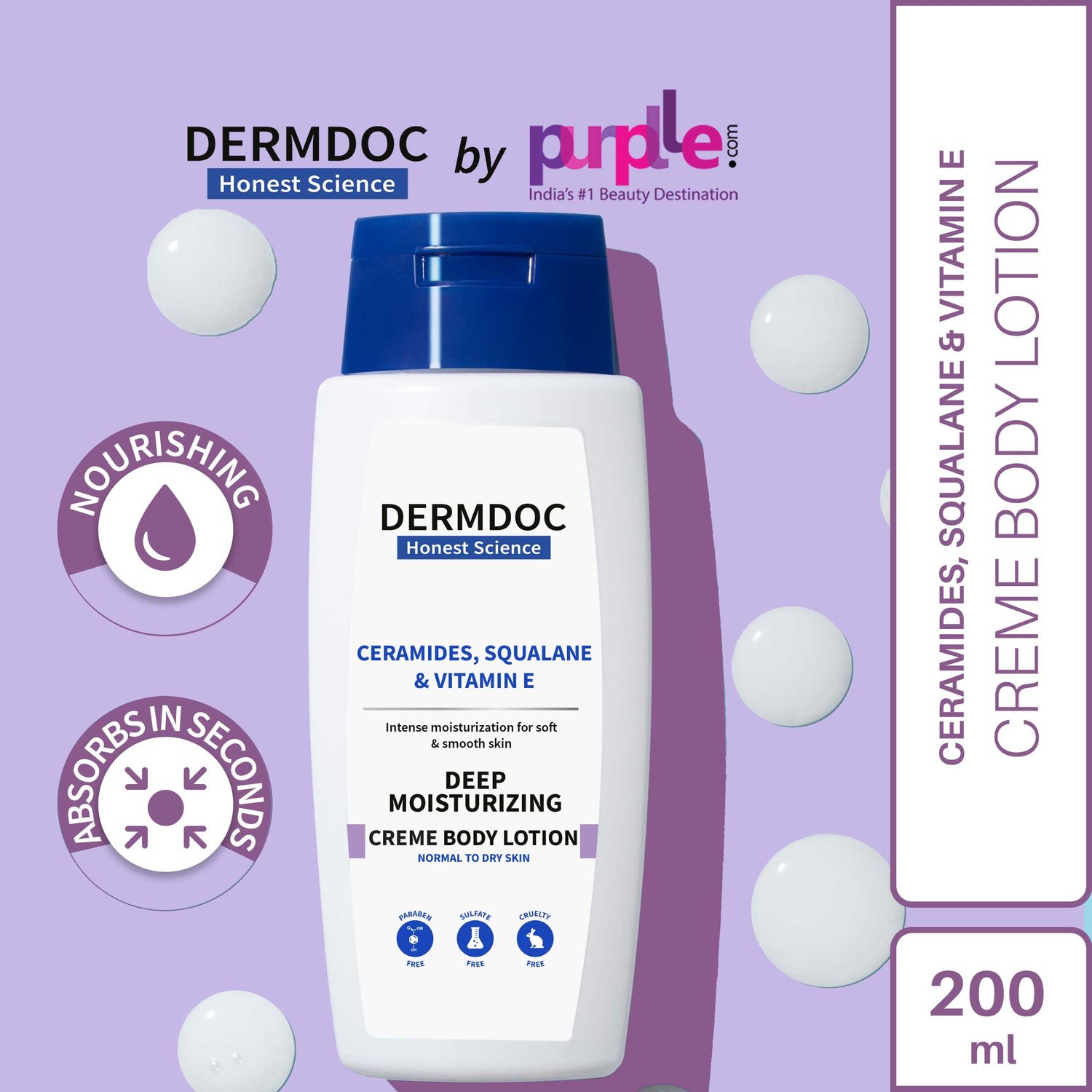 DermDoc by Purplle Ceramides, Squalane & Vitamin E Deep Moisturising Creme Body Lotion (200ml)