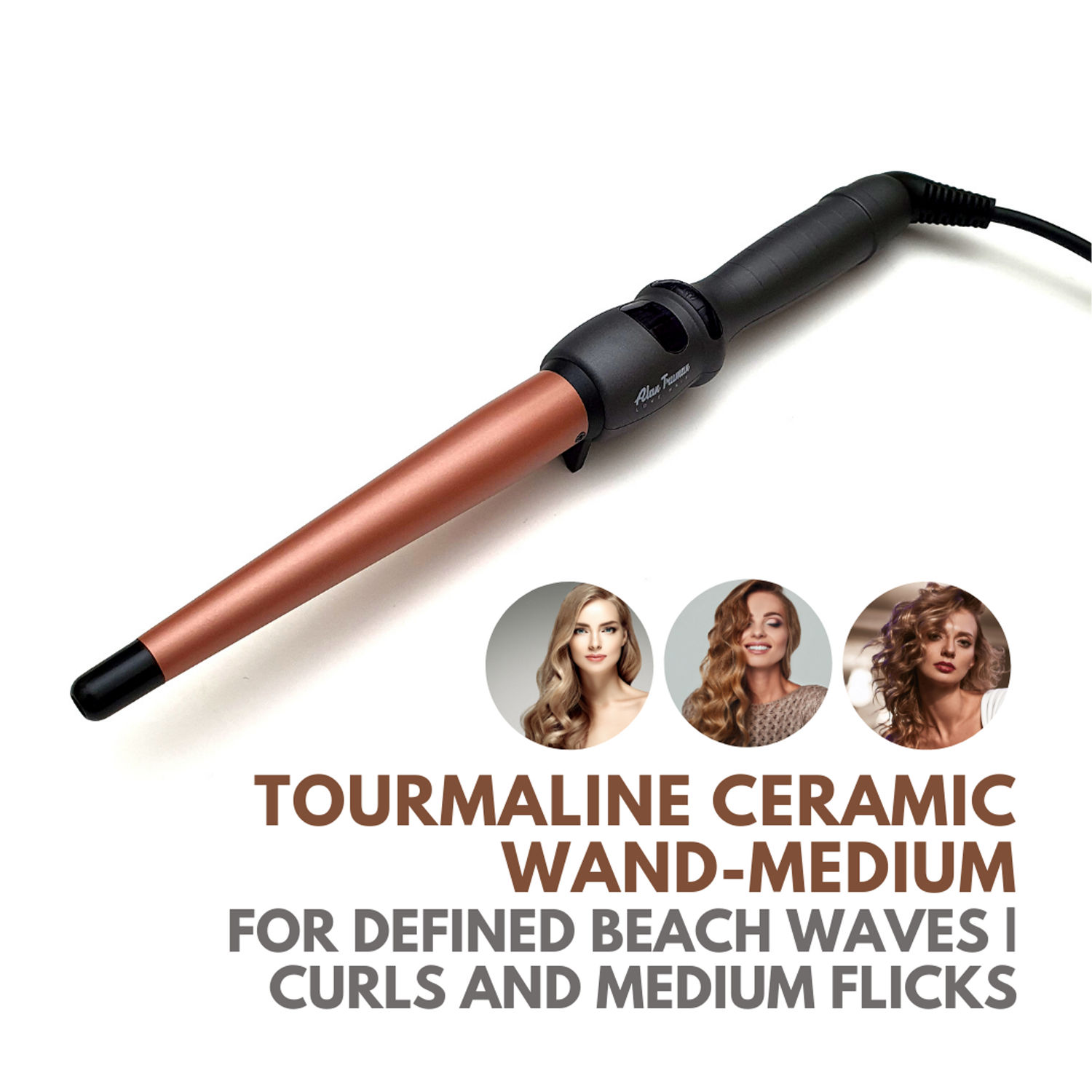 Buy Alan Truman Tourmaline Ceramic Wand - Medium | Bouncy Beach Waves| Minimum Heat Exposure| Ceramic Coated Barrel Ensures Damage Free Waves|Real Professional Temperature Range| Frizz Free, Smooth And Glossy Waves| Extra Long Curling Rod - Purplle