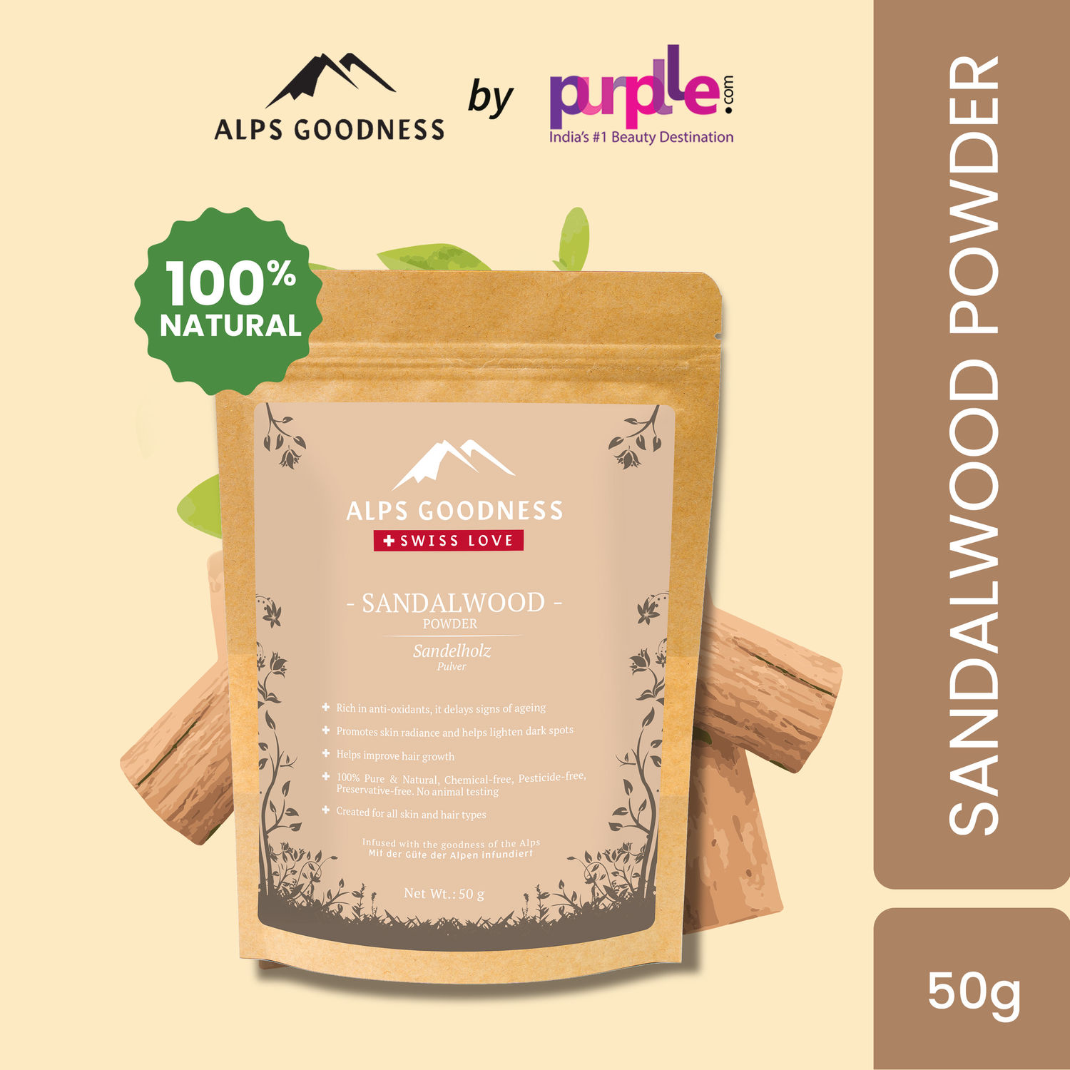 Alps Goodness Powder - Sandalwood (50 g) | 100% Natural Powder | No Chemicals, No Preservatives, No Pesticides | Face Mask for Even Toned Skin | Face Mask for Glow